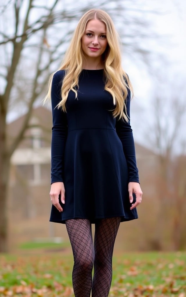 Abito blu navy a maniche lunghe con collant particolari a fantasia geometrica. Outfit raffinato perfetto per l'inverno con un tocco di originalità.


