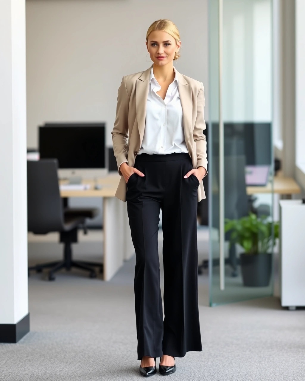 Décolleté Donna: Guida ai Modelli Più Comodi ed Eleganti 10 Donna elegante con décolleté nere, pantaloni palazzo neri, camicia bianca e blazer beige, look da ufficio chic e professionale.