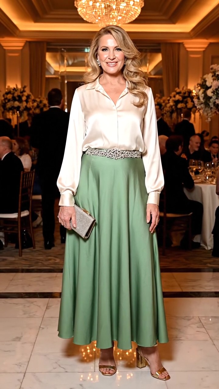 Mamma dello sposo elegante con blusa in raso avorio e gonna verde salvia a campana, cintura gioiello, clutch dorata e sandali oro, look da cerimonia raffinato.