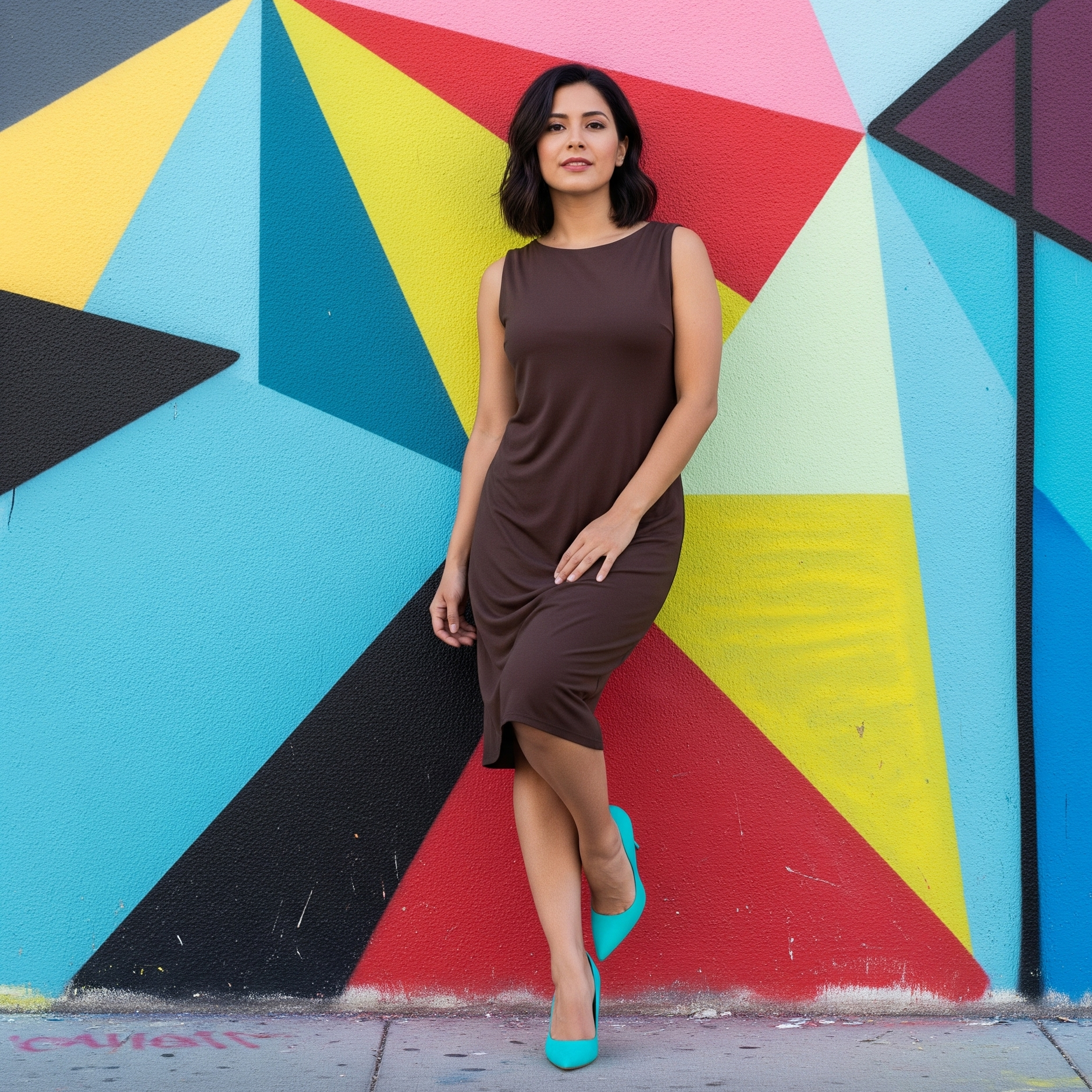 Donna con vestito marrone e scarpe turchesi davanti a un muro colorato, esempio di abbinamento con colori vivaci per outfit moderni e originali.

