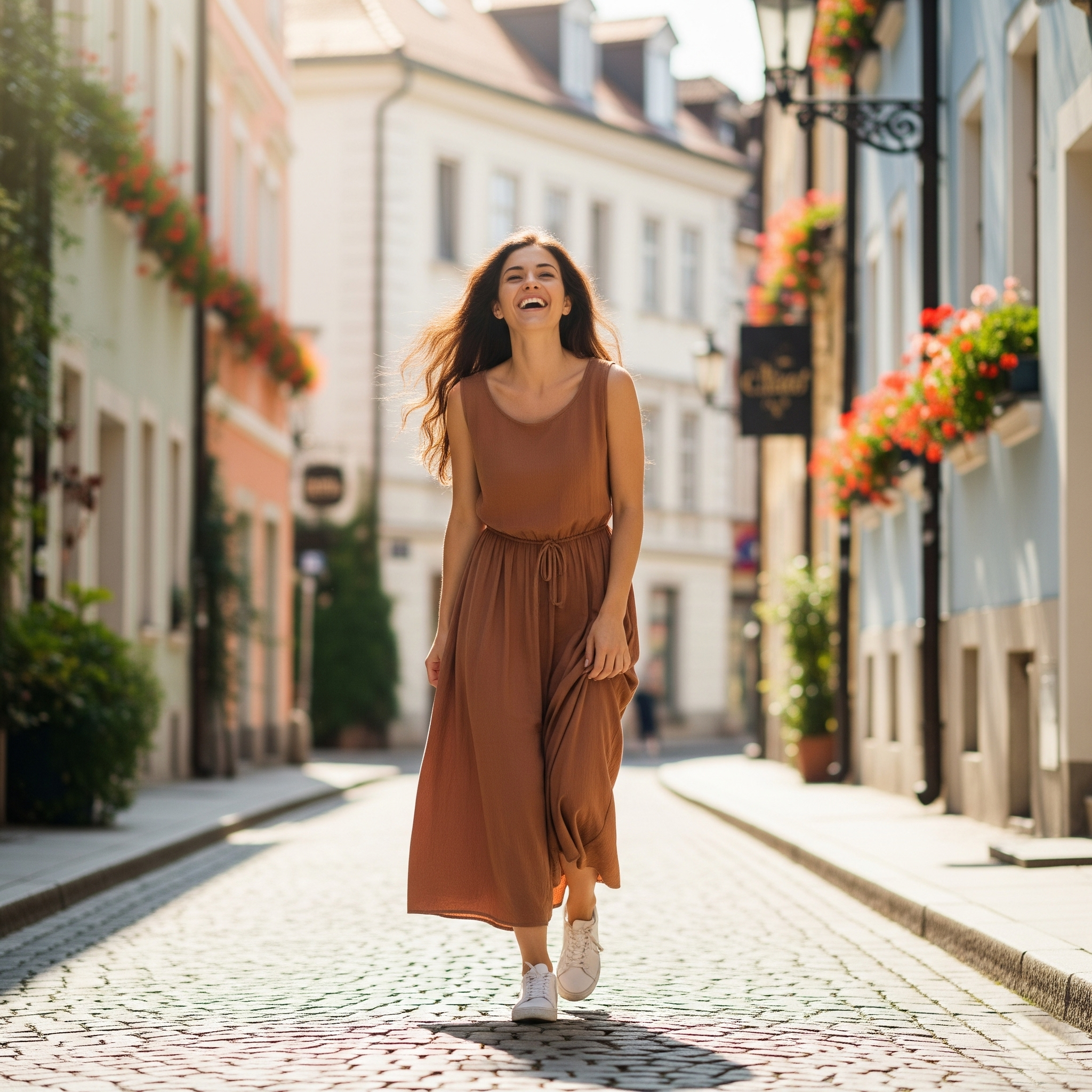Donna sorridente con lunghi capelli scuri indossa un vestito marrone lungo e sneakers bianche mentre cammina per una strada di una città europea