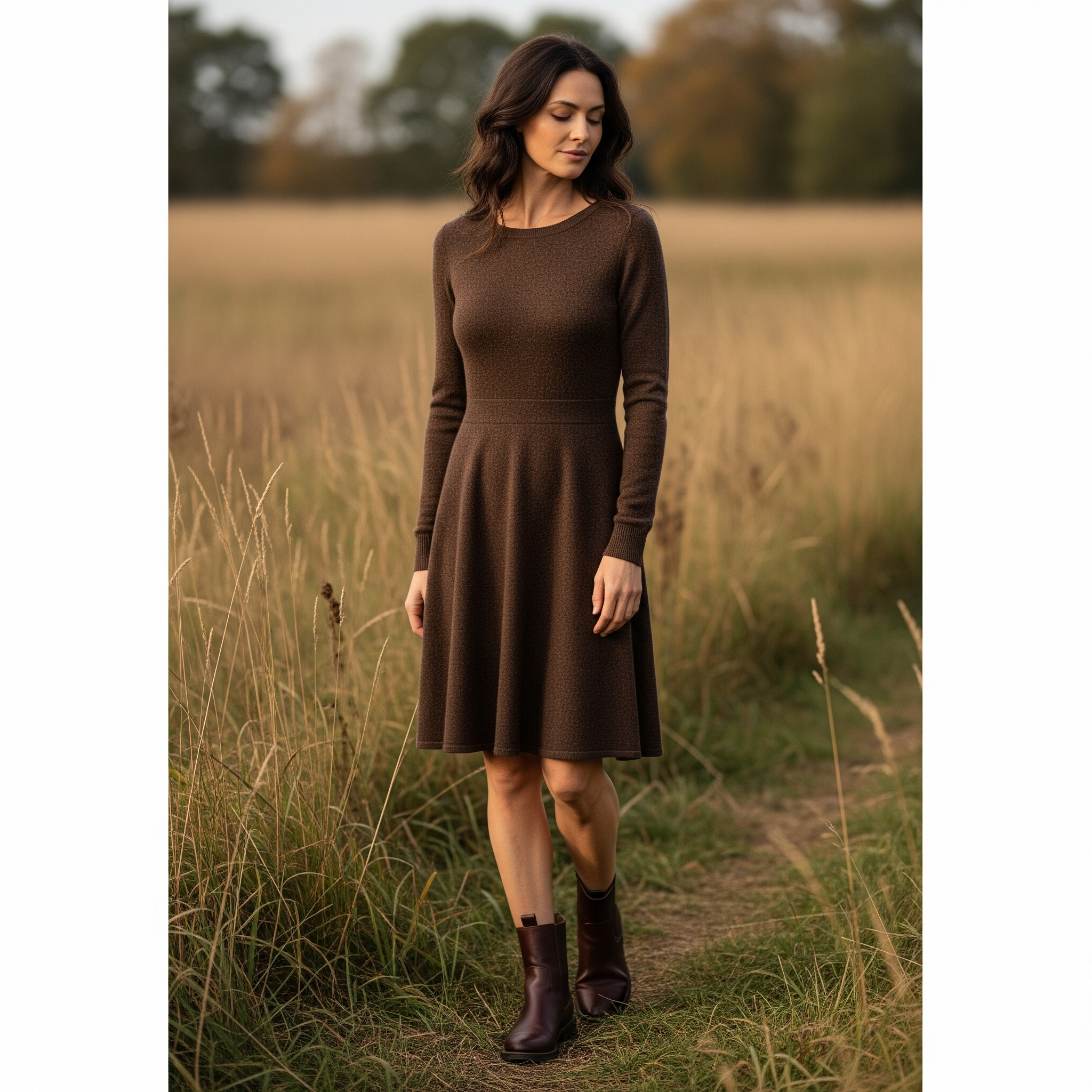 Donna con vestito marrone in maglia e stivaletti marroni in campagna, outfit invernale a prova di freddo e di tendenza.

