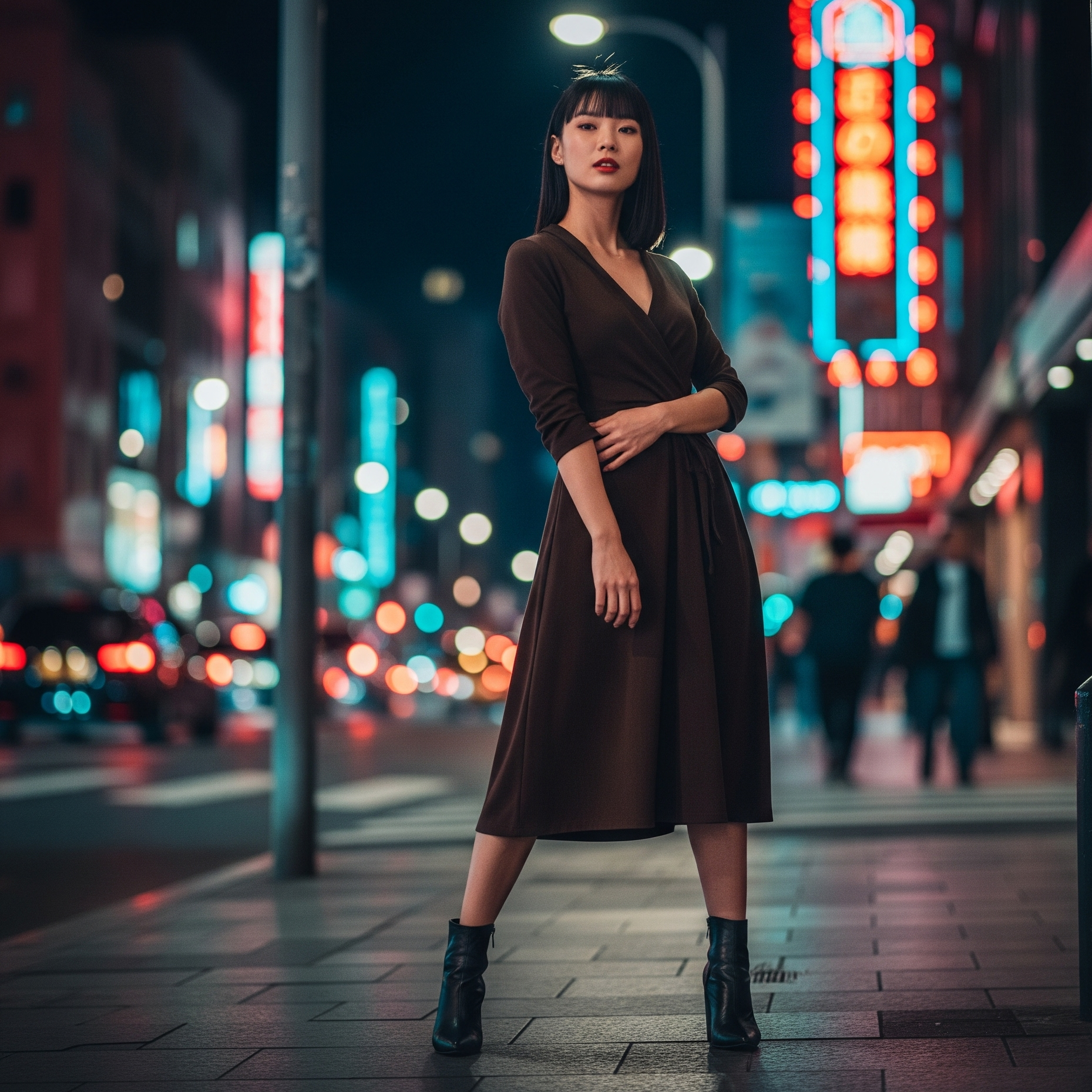 Donna con un vestito marrone scuro e stivaletti neri in posa di notte su un marciapiede di città, con luci al neon sfocate sullo sfondo.

