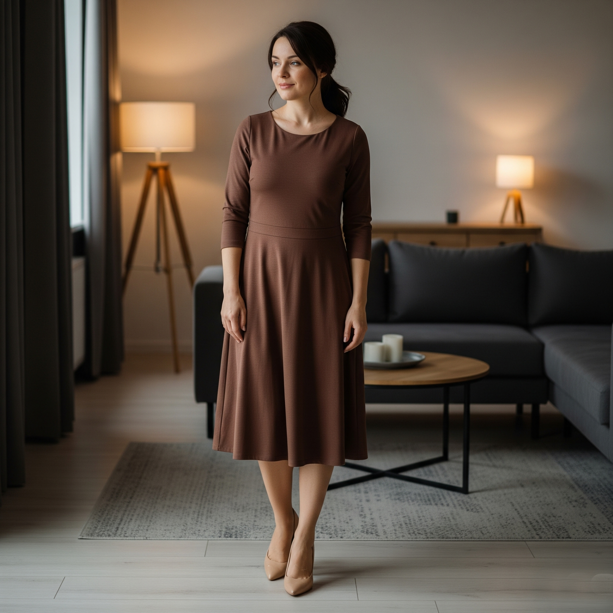 Donna sorridente con vestito marrone al ginocchio abbinato a scarpe décolleté color nude, in un ambiente moderno.

