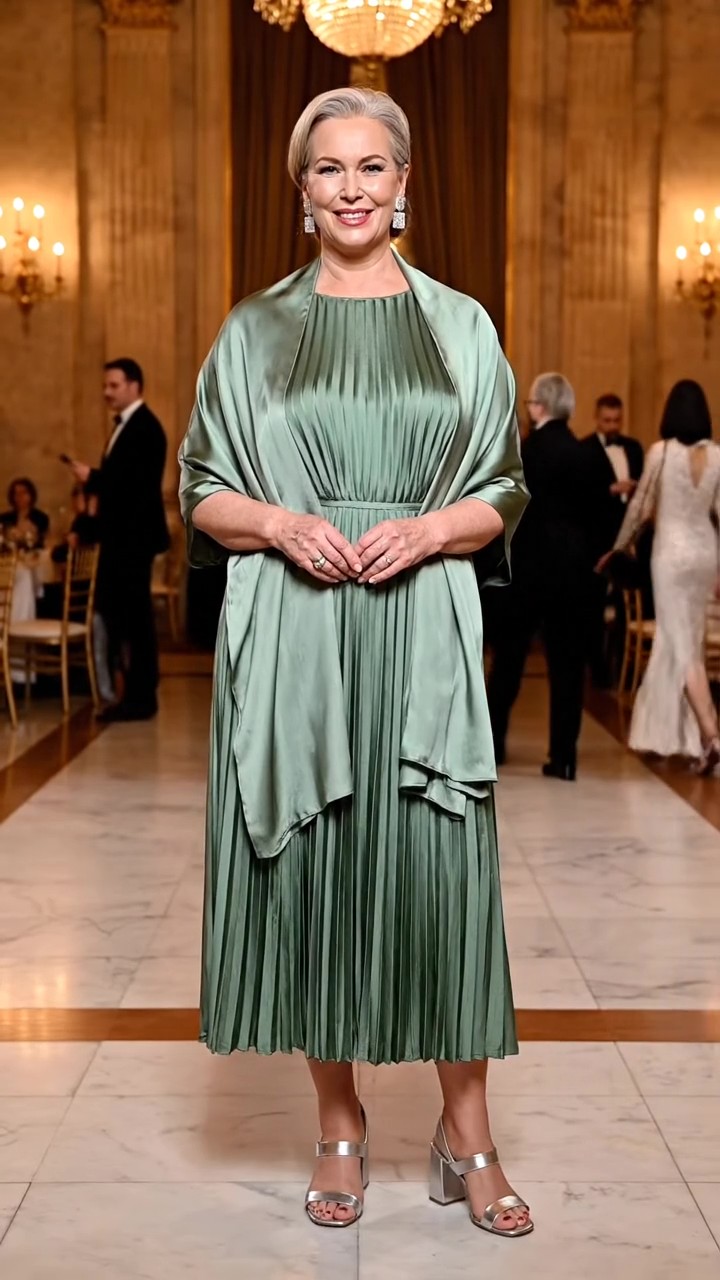 Abito midi con gonna plissettata verde salvia e stola di seta, un look fresco e raffinato per invitata di 60 anni.