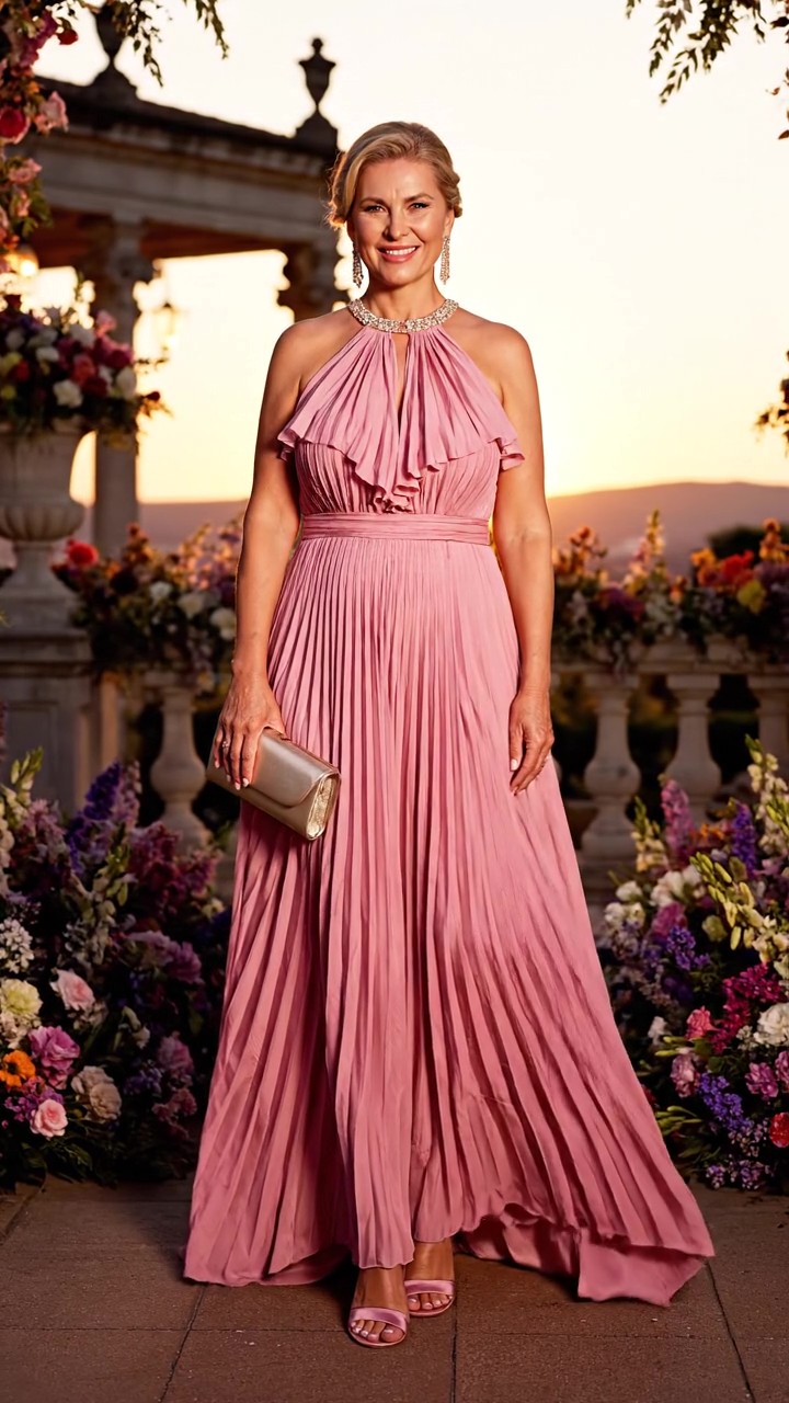 Mamma dello sposo con abito lungo plissé rosa antico, scollo halter con volant, clutch dorata e sandali rosa, look da cerimonia elegante al tramonto.