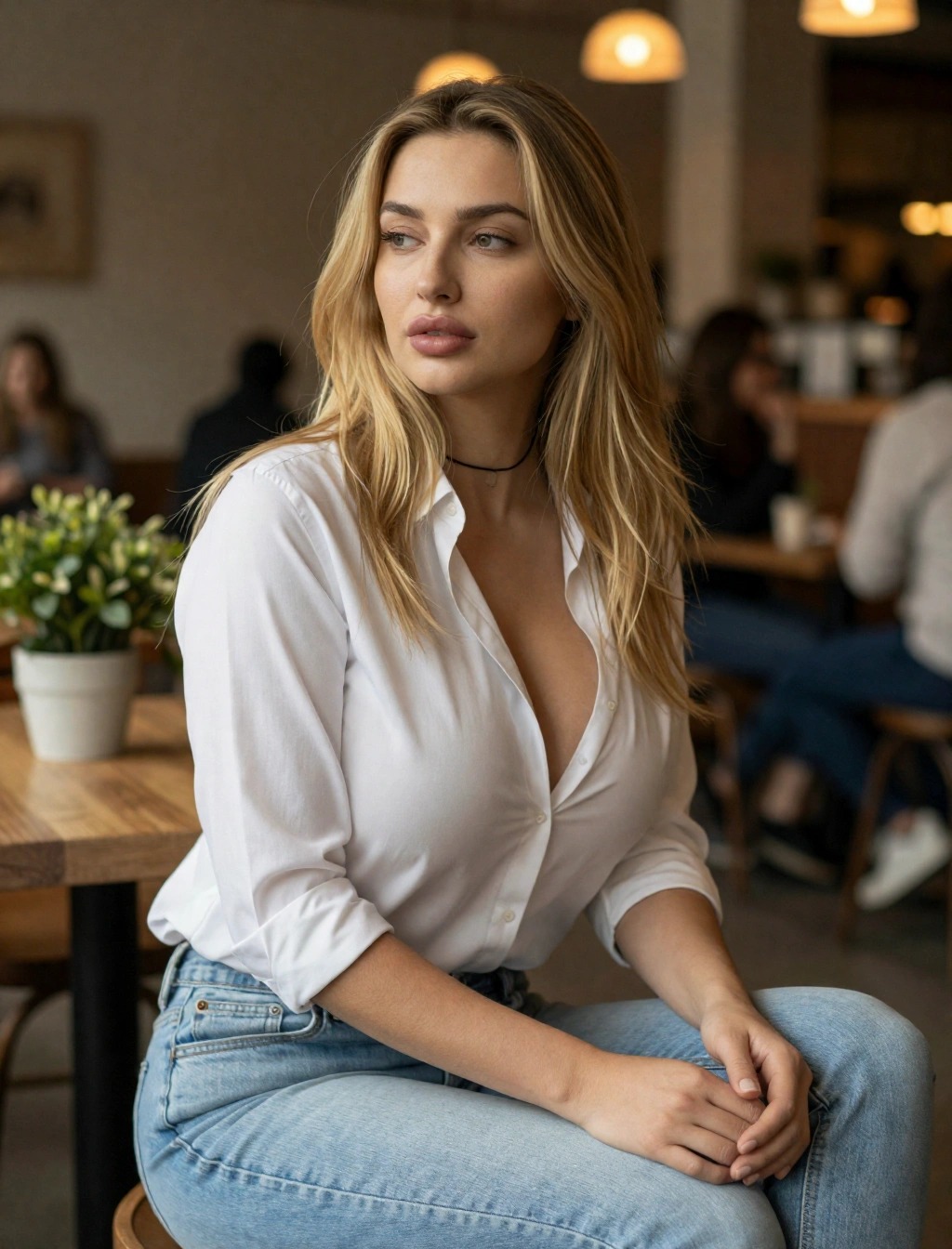 Cosa guardano gli uomini in una donna: La guida definitiva 2 Donna con camicia bianca e look casual elegante seduta in un caffè dal tono naturale