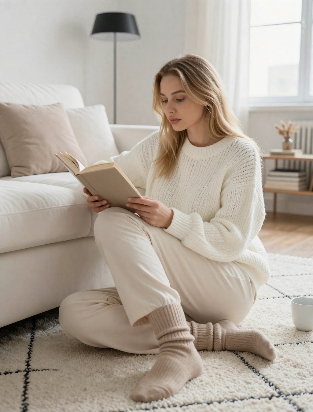 Cosa guardano gli uomini in una donna: La guida definitiva 5 Donna che legge un libro in casa con look naturale e rilassato in un ambiente luminoso e accogliente