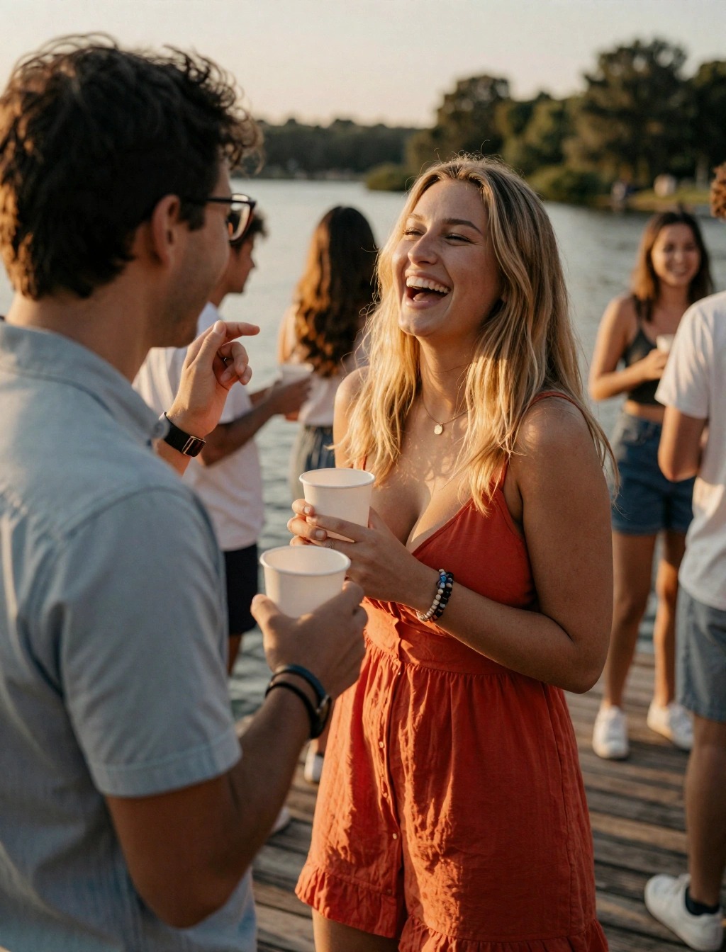 Cosa guardano gli uomini in una donna: La guida definitiva 3 Donna sorridente durante una conversazione all'aperto in riva al lago con atmosfera naturale e spontanea