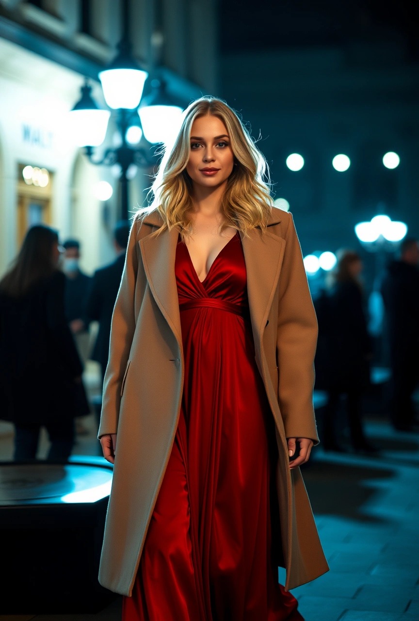 Donna con cappotto elegante cammello indossato sopra un vestito lungo rosso – esempio di look invernale chic per abbinare capispalla a un maxi dress