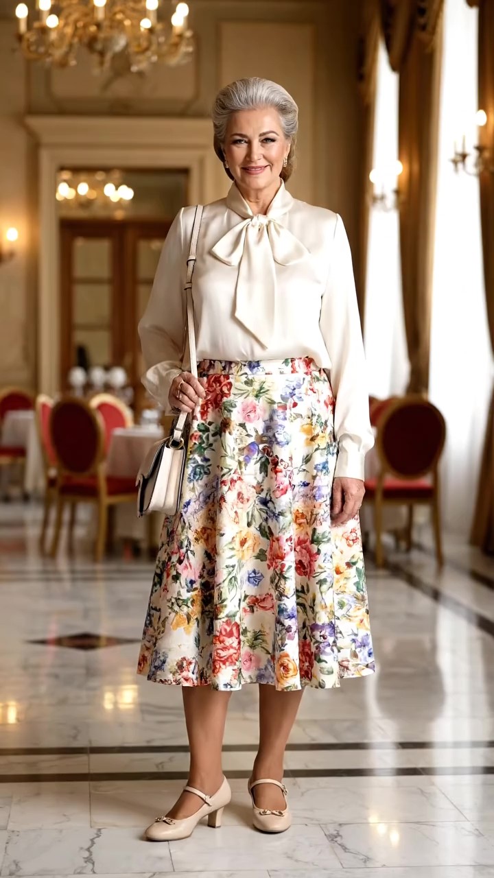 Combinazione spezzata con gonna a ruota a fiori e blusa di seta avorio con fiocco, look bon ton per matrimonio over 60.