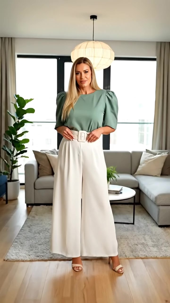 Look contemporaneo chic con pantaloni a palazzo bianchi a vita alta e blusa verde salvia con maniche a sbuffo per la mamma