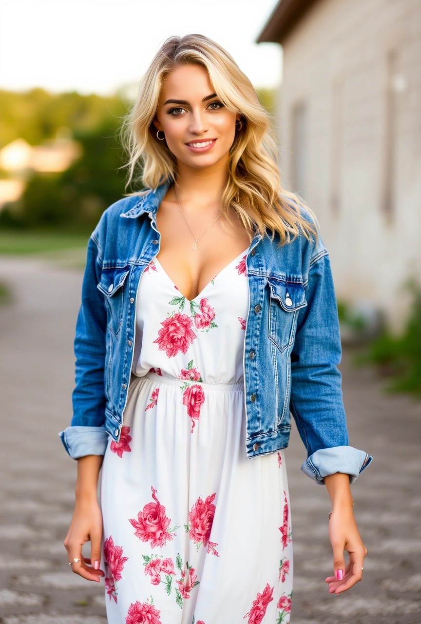 Esempio di outfit con giacca in denim indossata sopra un vestito lungo floreale – idea di look casual per abbinare capispalla al maxi dress