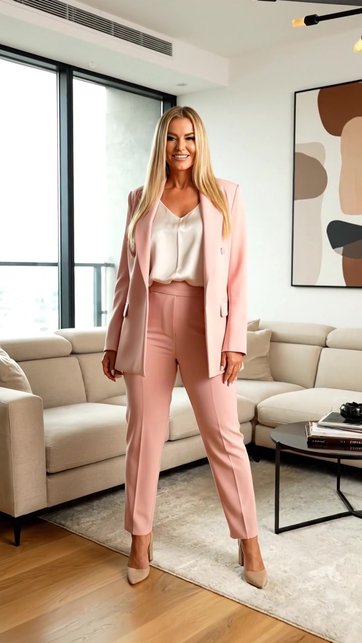 Mamma indossa un tailleur pantalone rosa cipria dal taglio sartoriale con top in seta bianco per una cerimonia diurna primaverile.