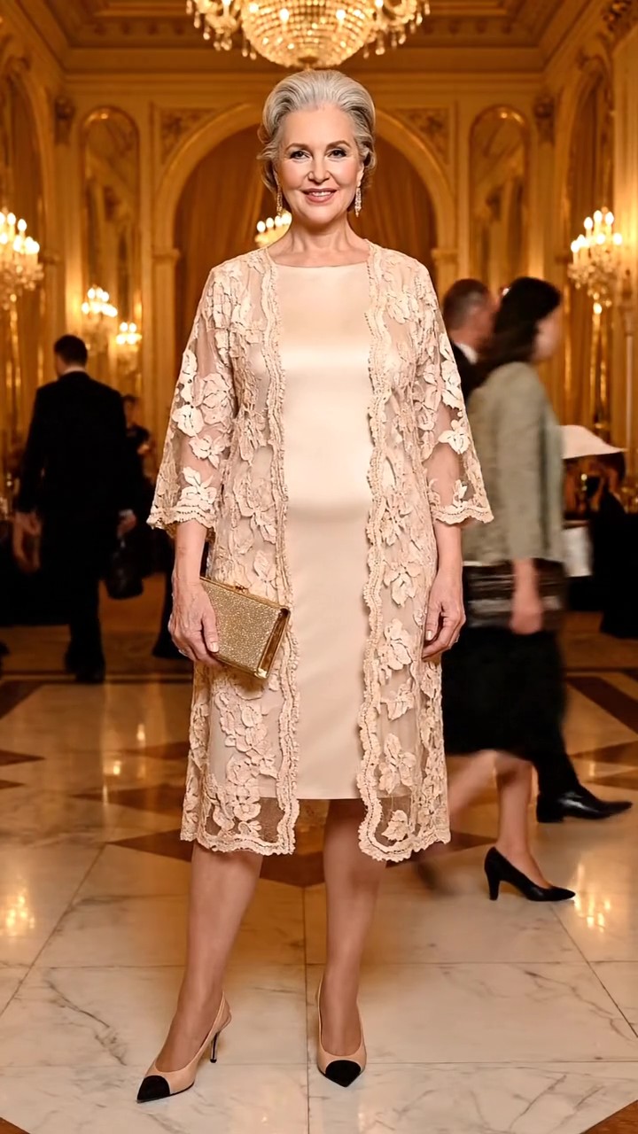 Outfit classico per signora con tubino color champagne e spolverino di pizzo coordinato, ideale per una cerimonia.
