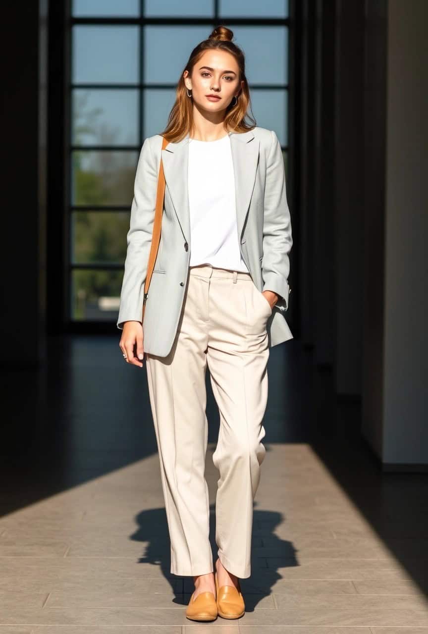 Colori da indossare per un esame: guida 2025 per studentesse 9 Blazer grigio chiaro e pantaloni neutri su t-shirt bianca – outfit sobrio e professionale per esame orale