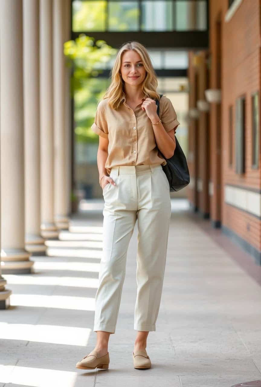 Colori da indossare per un esame: guida 2025 per studentesse 13 Blusa beige a maniche corte e pantaloni crema eleganti – outfit estivo raffinato per esame universitario