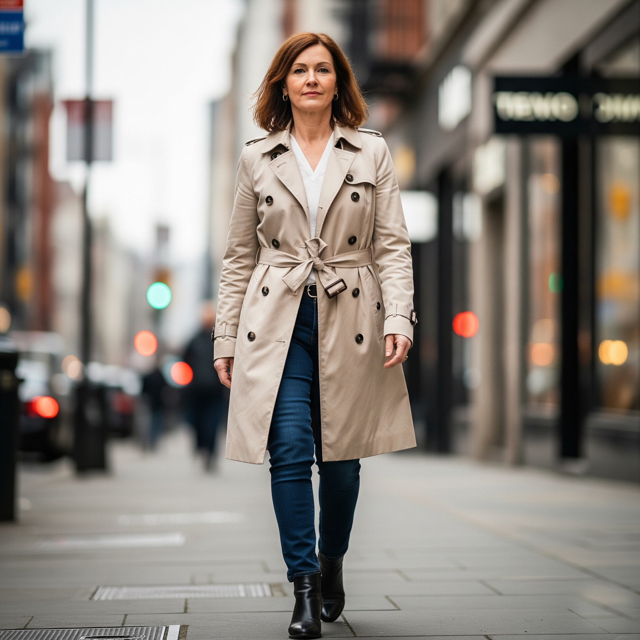 Donna di 50 anni che indossa un trench, il capospalla iconico per il guardaroba capsula over 50.

