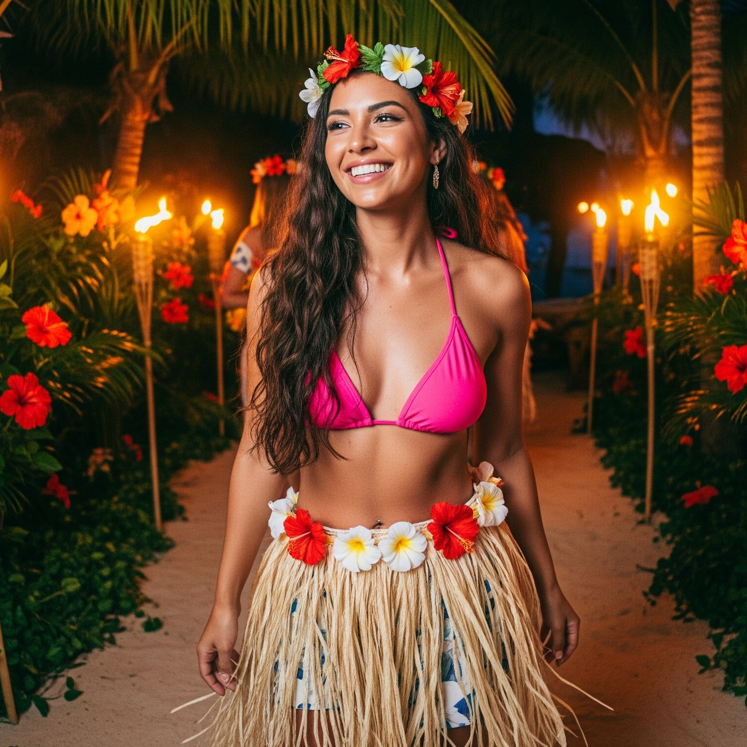 Una donna sorridente con indosso un costume hawaiano composto da gonna di rafia (hula skirt), top a bikini e coroncina di fiori, mentre cammina a una festa con torce tiki.

