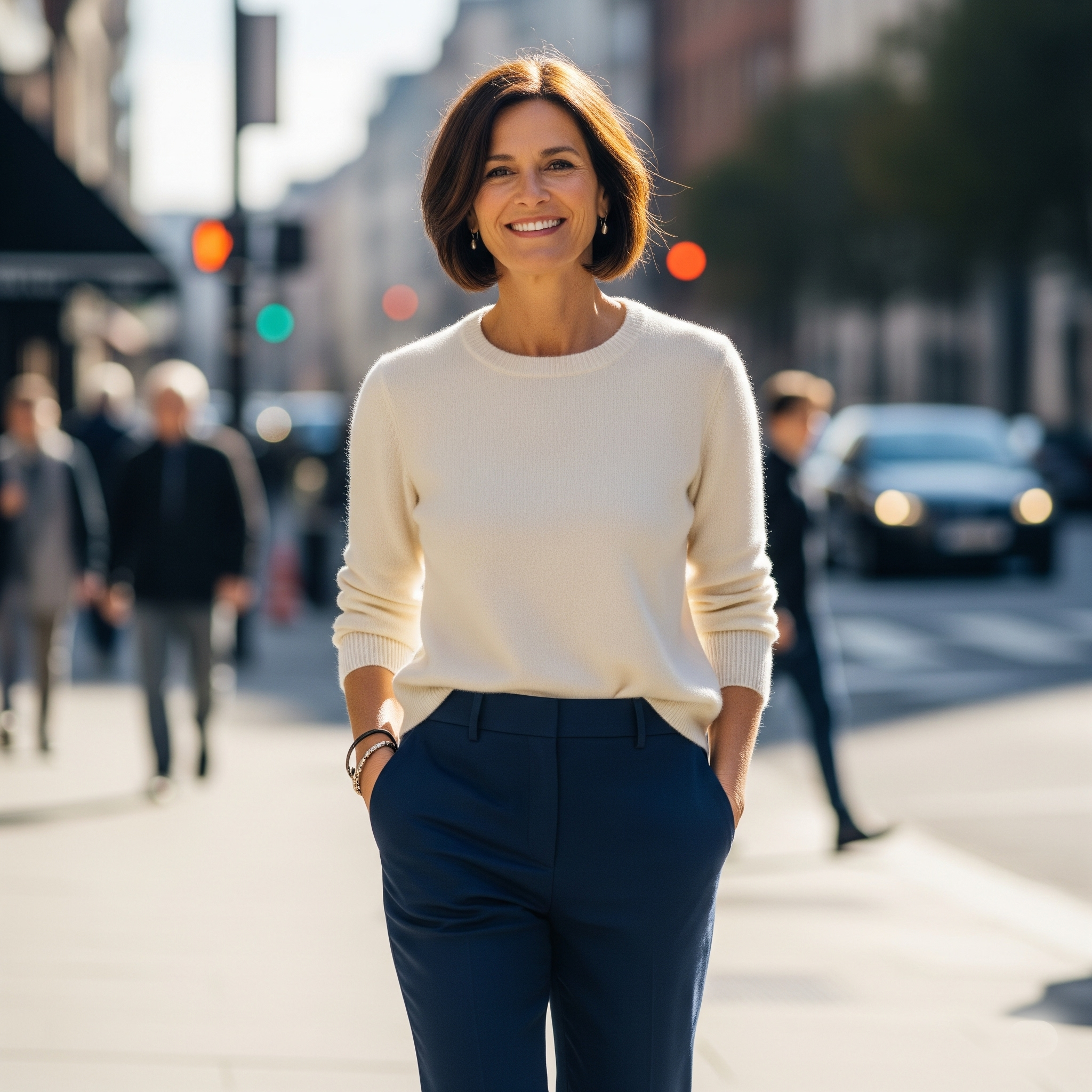 Donna di 50 anni che indossa pantaloni sartoriali blu navy, un capo essenziale del guardaroba capsula over 50.

