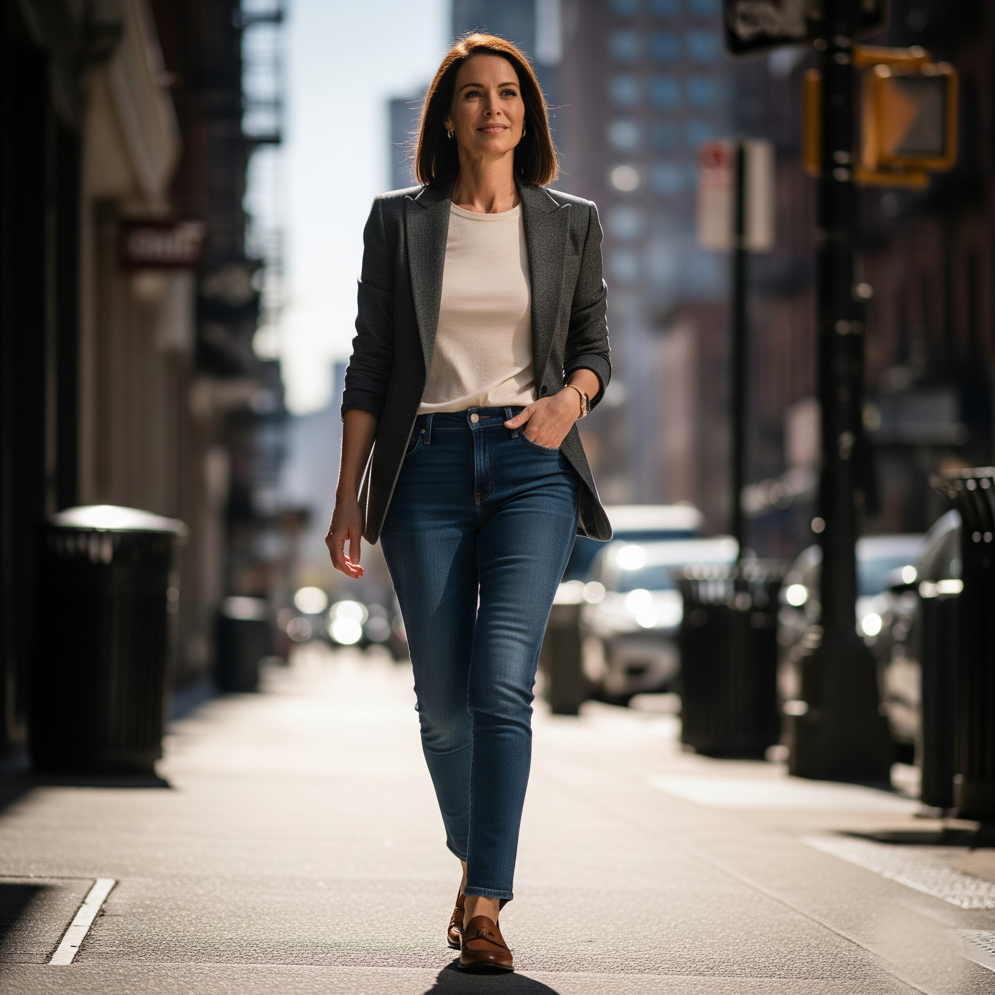 Donna di 50 anni che indossa un outfit da giorno con blazer e jeans, esempio pratico di guardaroba capsula.

