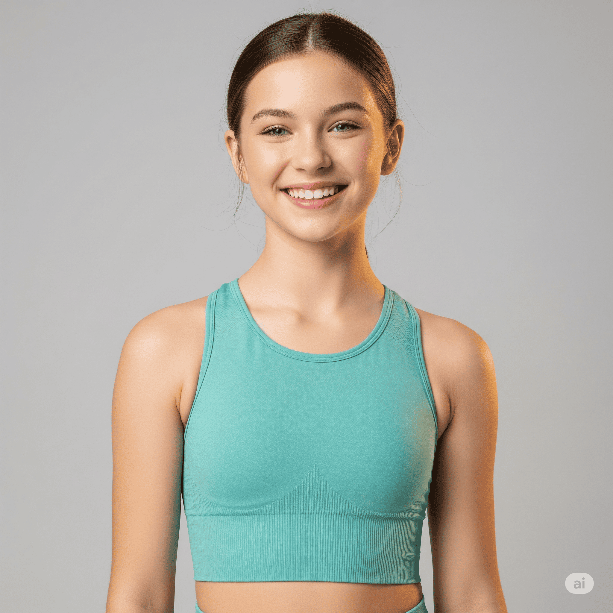 Adolescente sorridente indossa un top sportivo per ragazza color verde acqua, un modello con sostegno leggero per l'attività fisica.