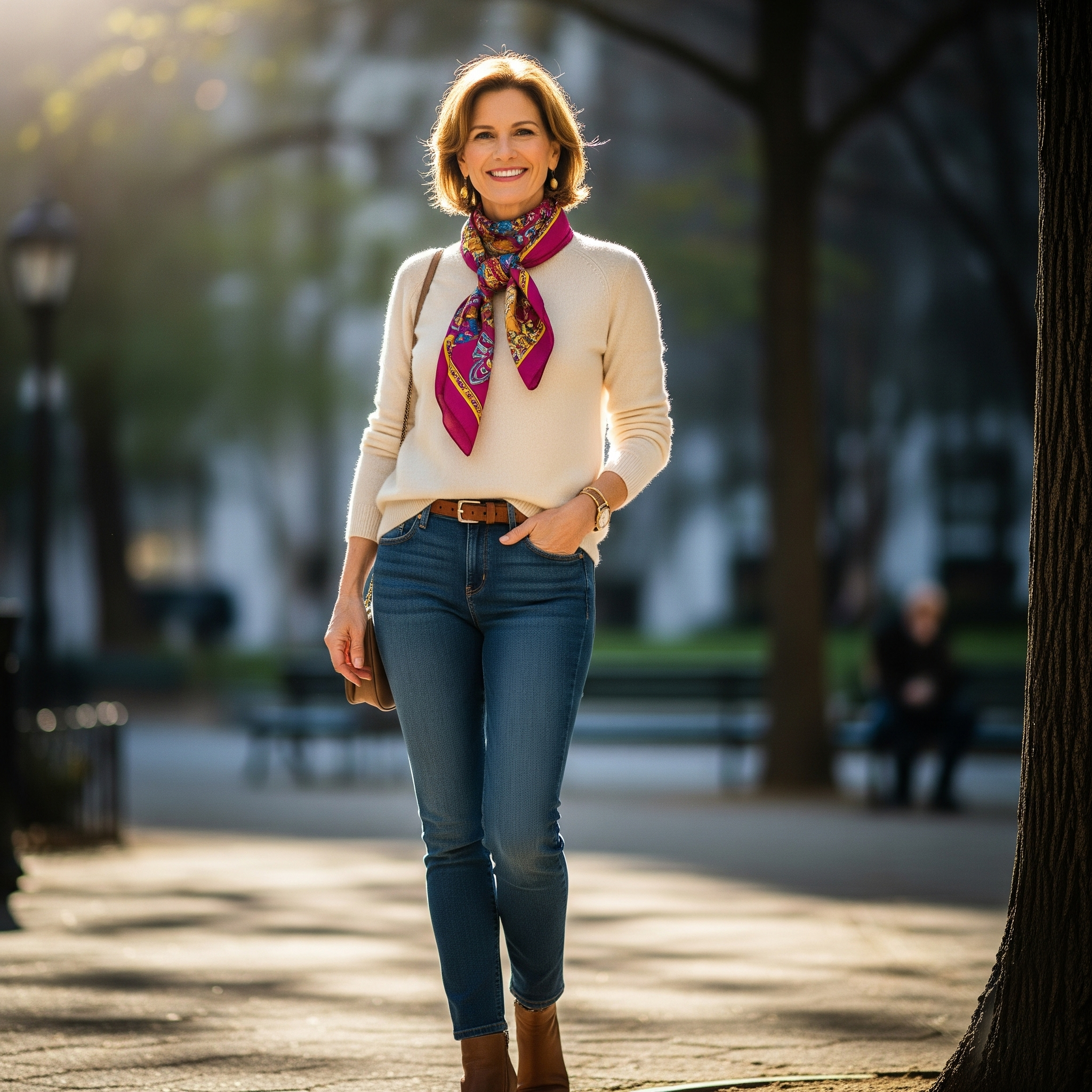 Donna di 50 anni con outfit da weekend composto da jeans e foulard, esempio di look per il guardaroba capsula.

