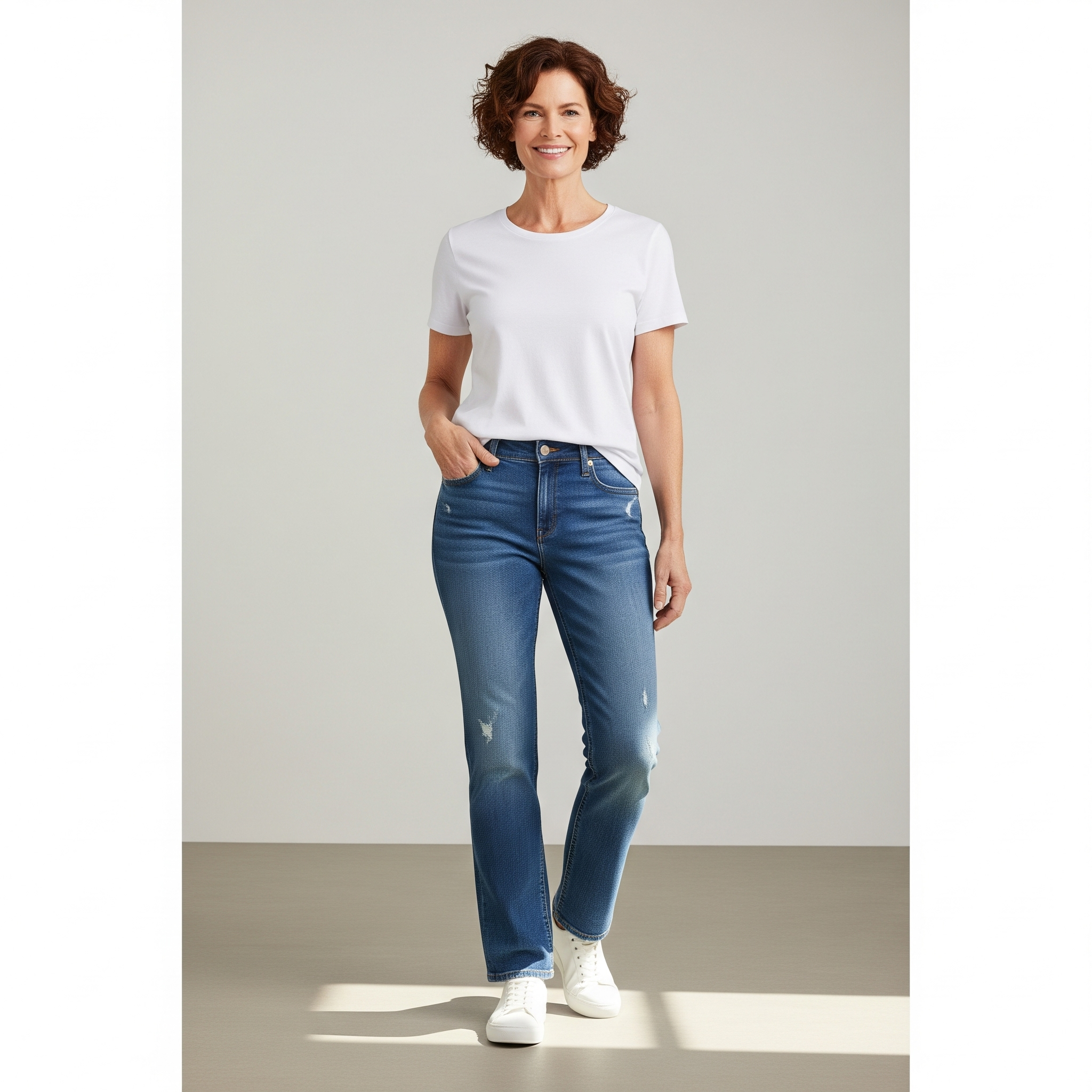 Donna di 50 anni che indossa jeans dal taglio dritto, un classico intramontabile per il guardaroba capsula over 50.

