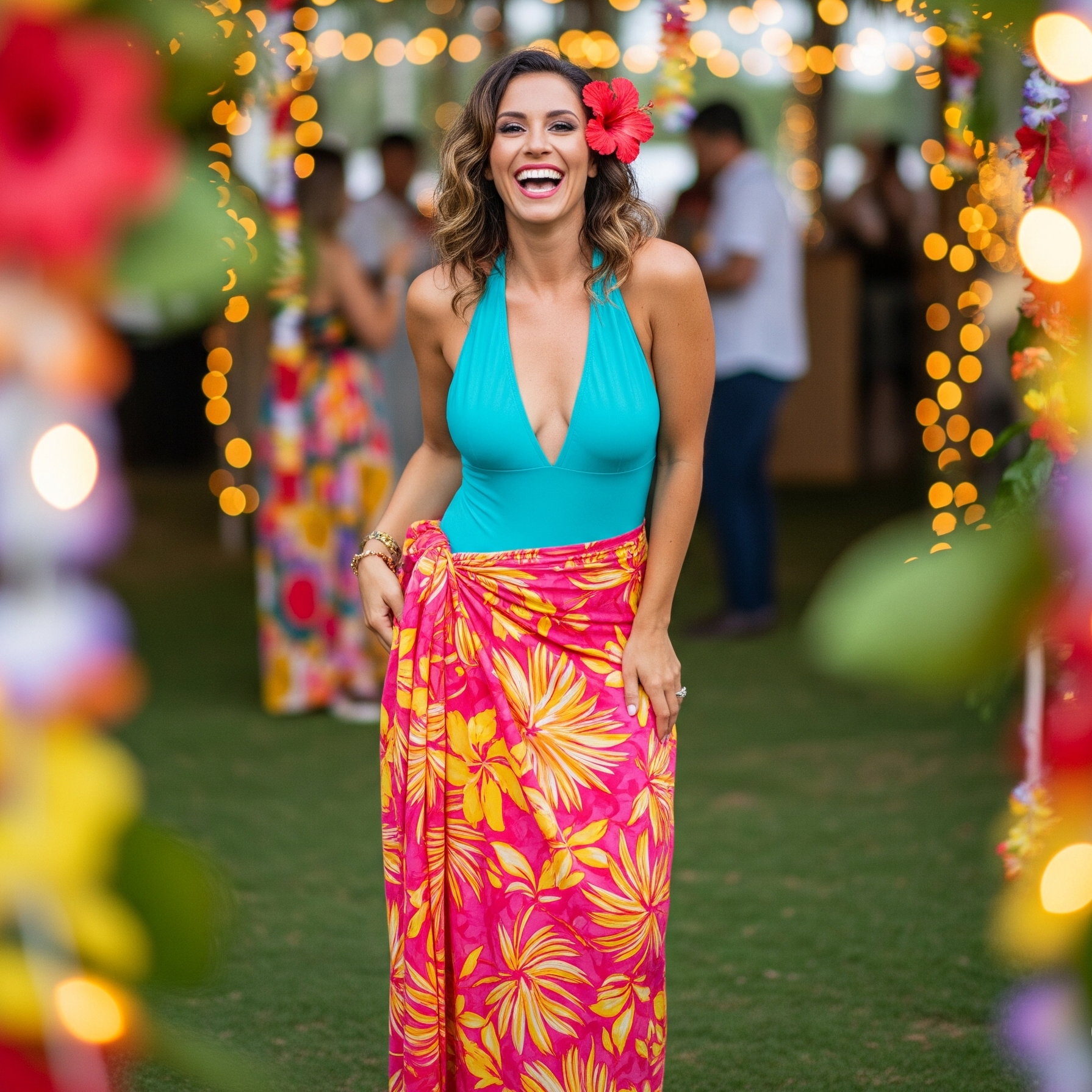 Donna che ride felice a una festa hawaiana serale, indossando un outfit composto da un body turchese e una gonna lunga pareo a fantasia tropicale.

