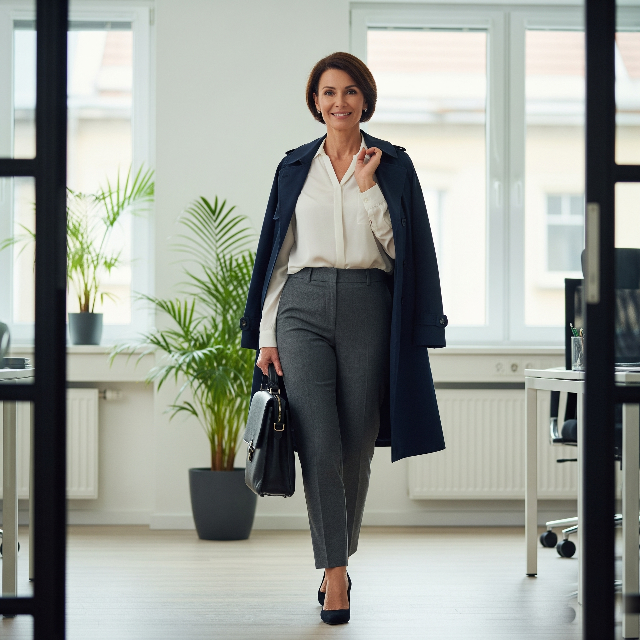 Donna di 50 anni in un ufficio con un outfit formale composto da trench e pantaloni sartoriali, esempio di guardaroba capsula.


