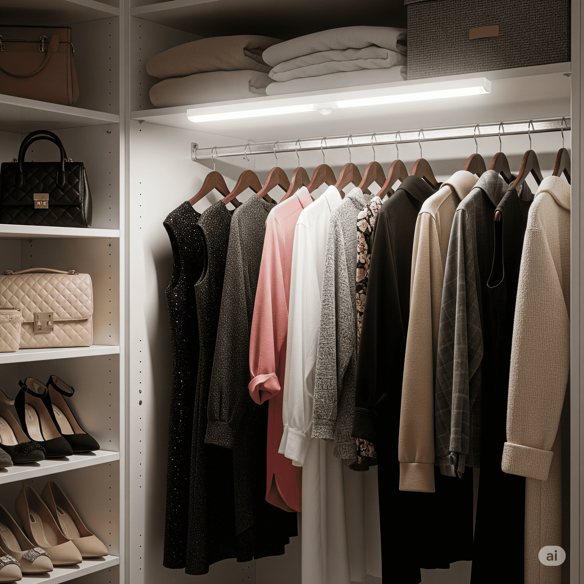 Barra luce sottopensile a LED installata all'interno di un armadio femminile ben organizzato che illumina vestiti e accessori.