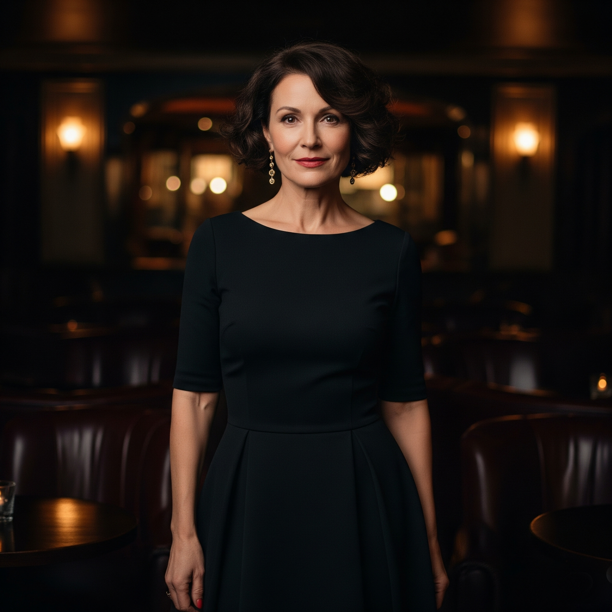 Donna di 50 anni elegante con un tubino nero, capo versatile per il guardaroba capsula over 50.

