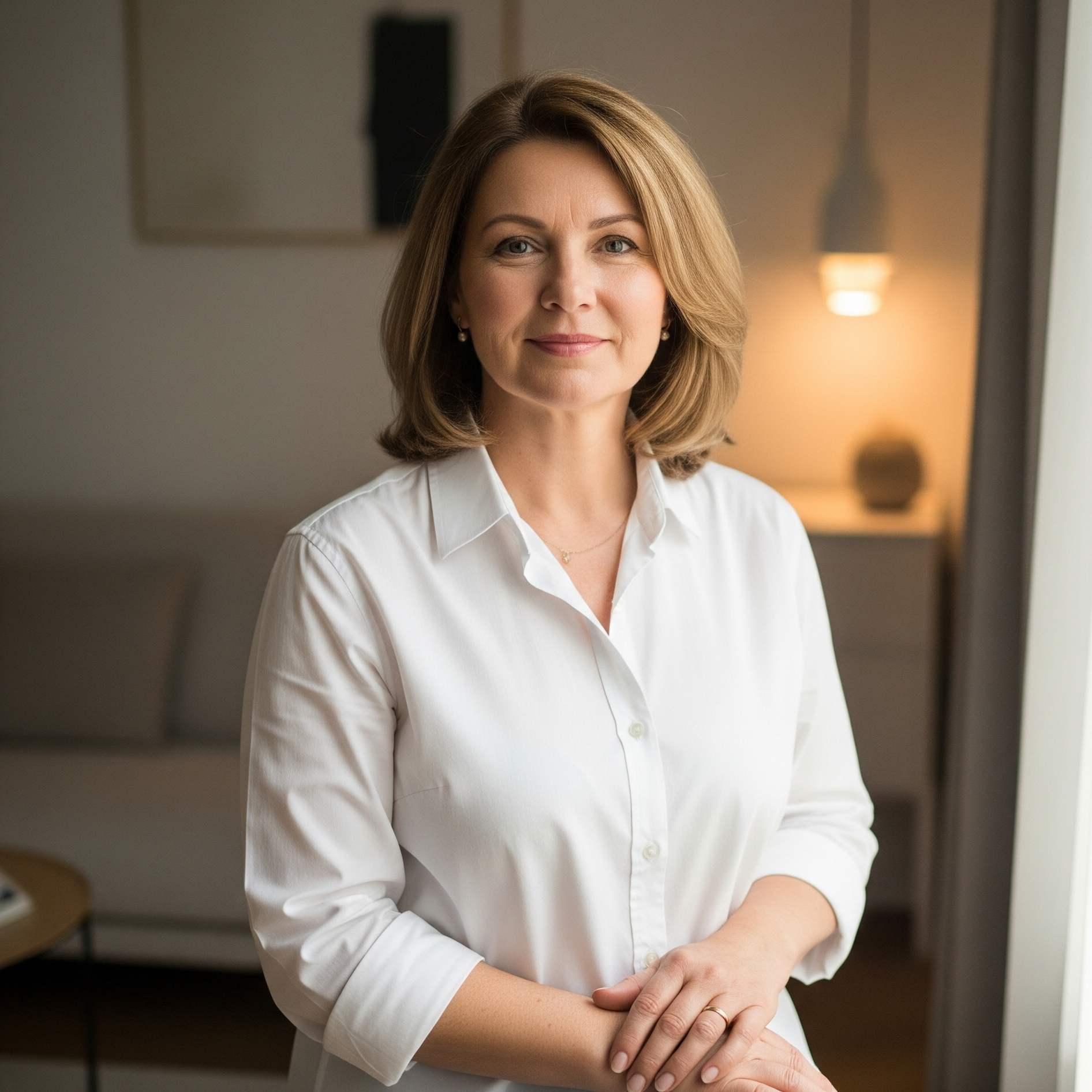 Donna sorridente di 50 anni che indossa una camicia bianca, capo essenziale del guardaroba capsula over 50.

