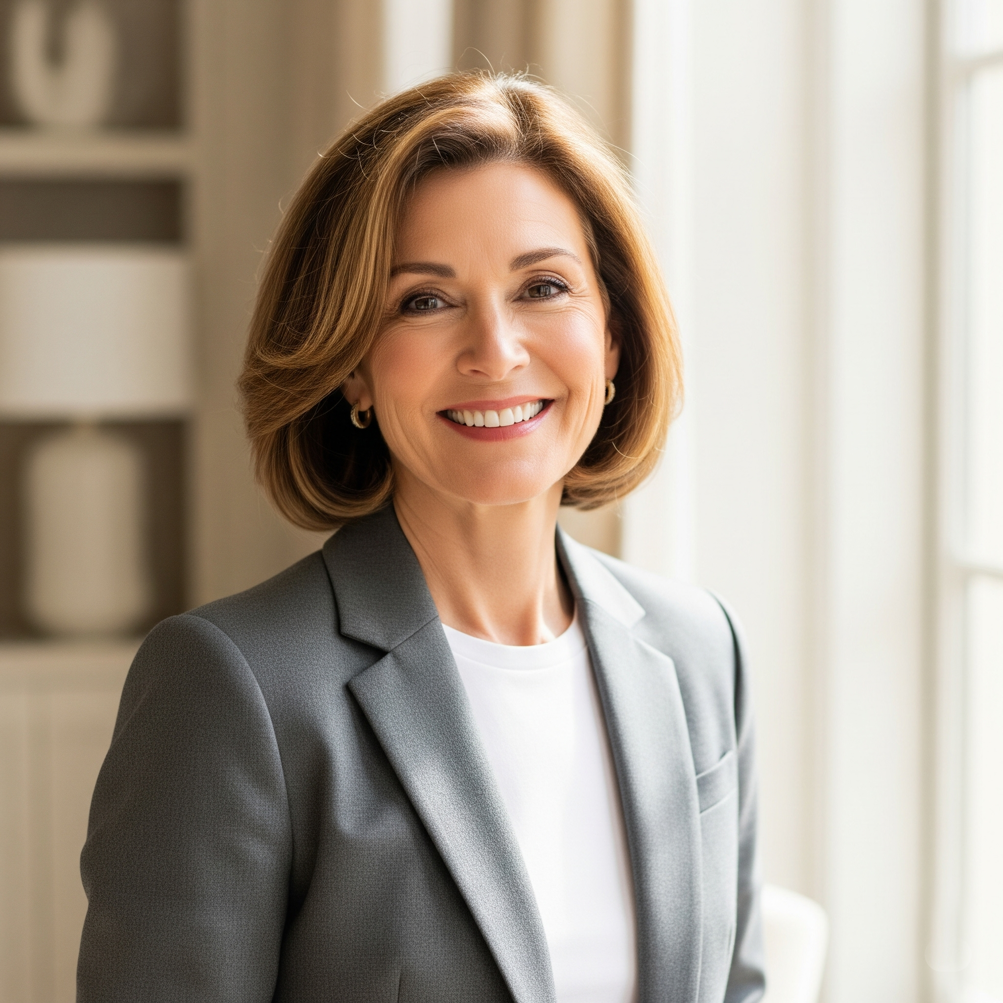 Donna sorridente di 50 anni con blazer grigio, esempio di stile per un guardaroba capsula over 50.

