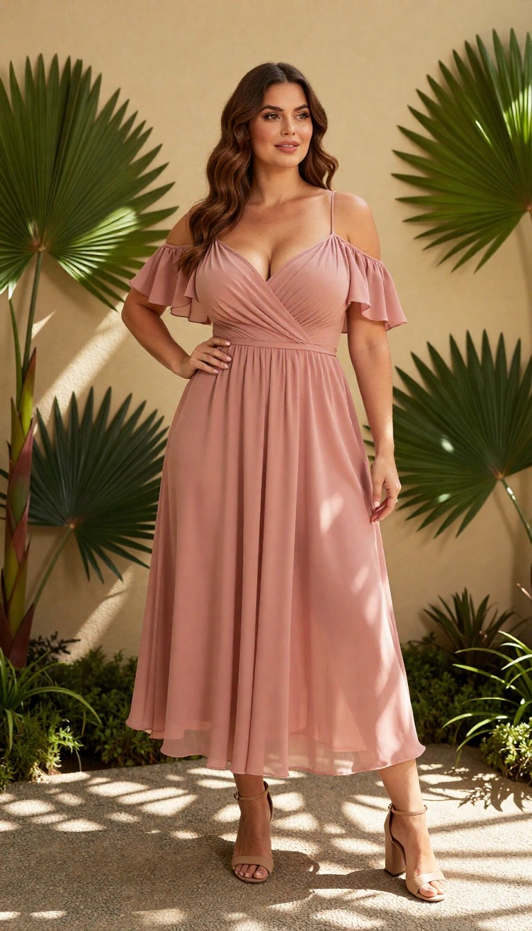 7 Abiti che slanciano la figura: i modelli per valorizzarti 3 Donna con abito impero lungo color rosa, vestito a vita alta che slancia la figura e valorizza il décolleté