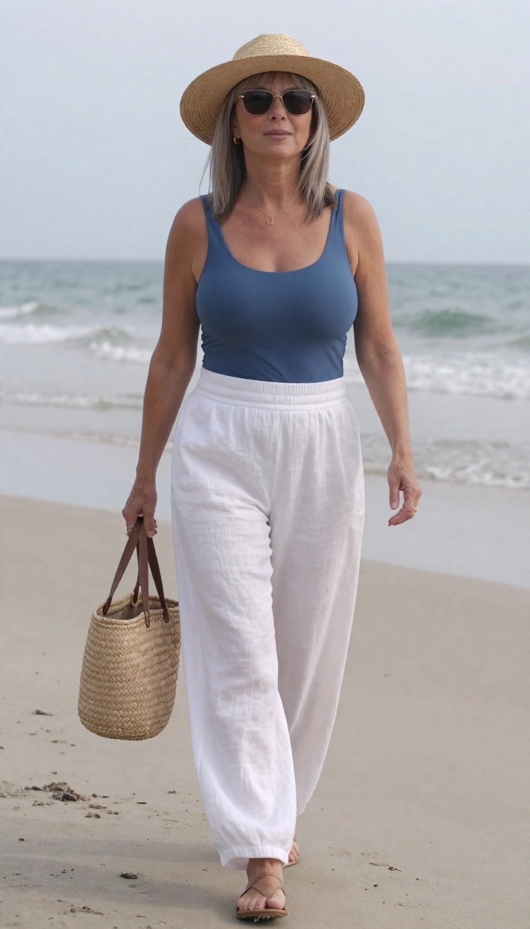  Donna 50 anni in spiaggia con tankini blu e pantalone bianco in lino, look comodo ed elegante over 50