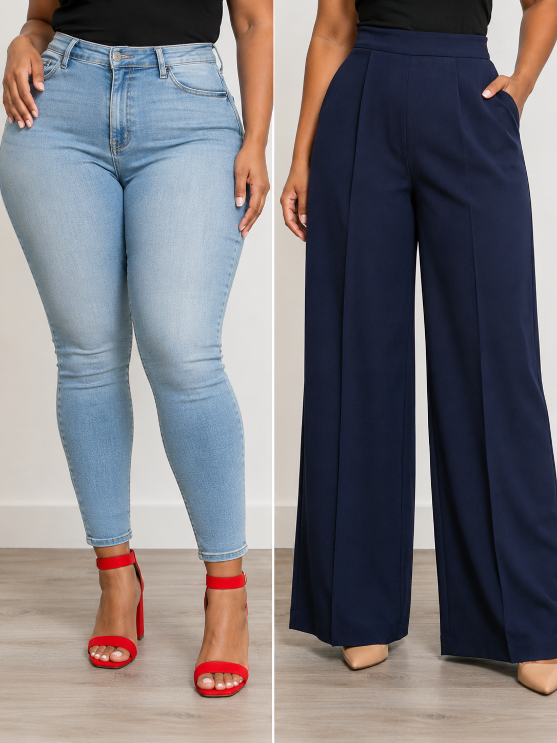 Confronto prima e dopo su come far sembrare le gambe piu magre: a sinistra jeans skinny chiari con cinturino rosso alla caviglia, a destra pantaloni a palazzo blu scuro a vita alta con scarpe nude.