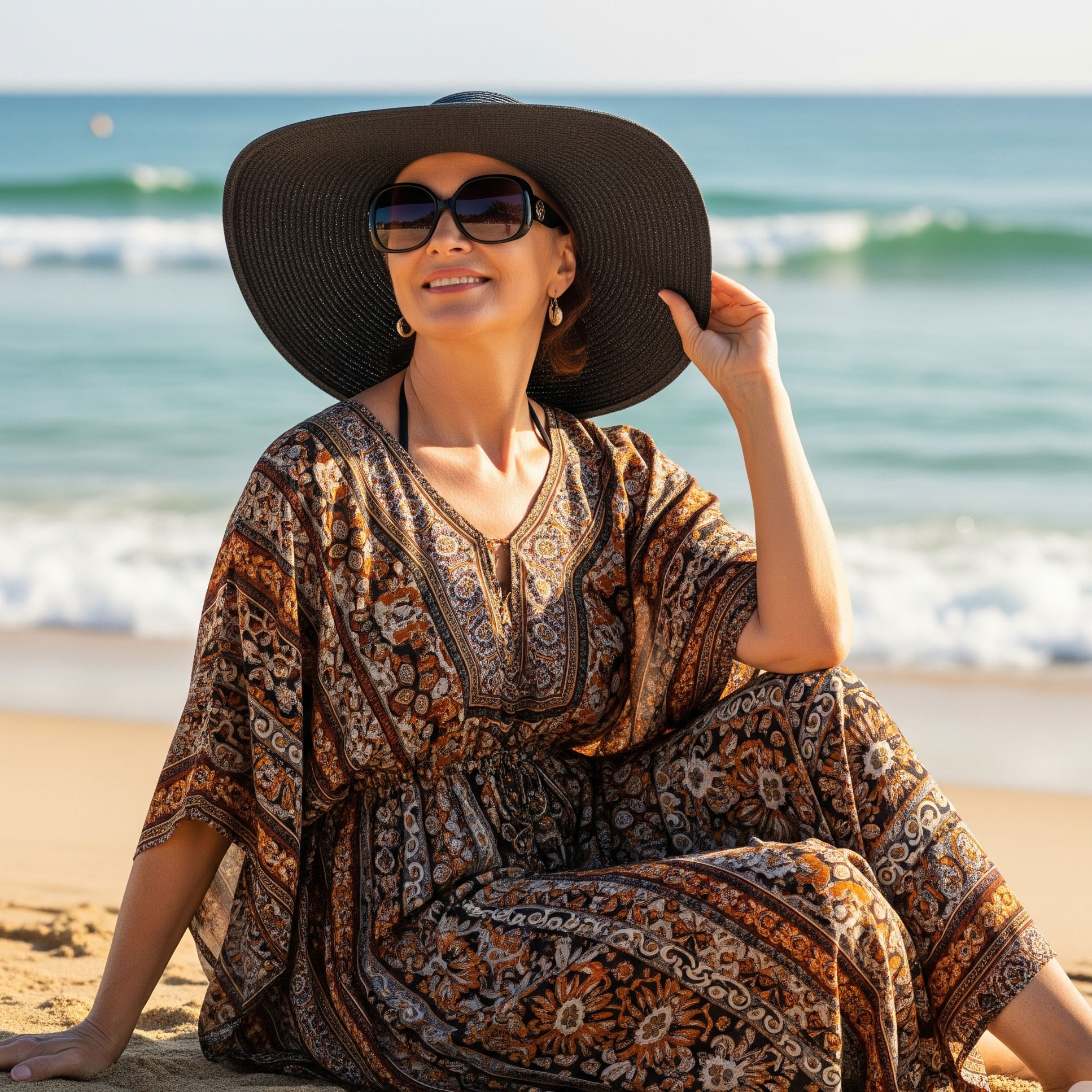 Donna di circa 60 anni con caftano, cappello a tesa larga e occhiali da sole seduta sulla spiaggia.