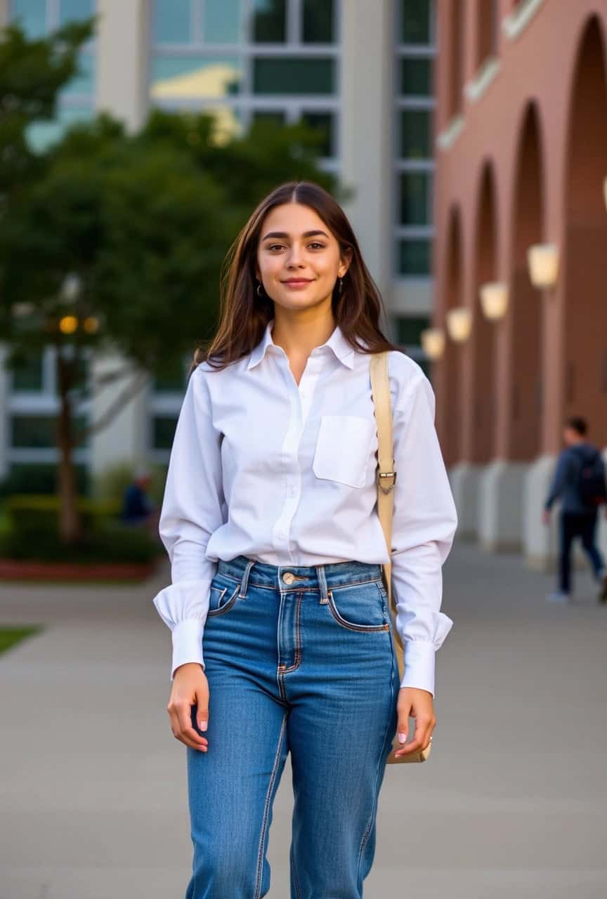 Colori da indossare per un esame: guida 2025 per studentesse 5 Outfit da esame con camicia bianca oversize e jeans a vita alta – look minimal chic per studentesse