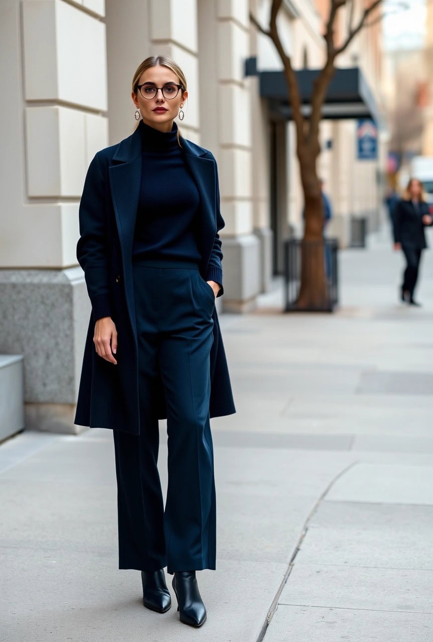 Come far sembrare le gambe più magre: trucchi di stile 2025 1 Donna con outfit monocromatico navy composto da dolcevita, pantaloni a vita alta, cappotto lungo e stivaletti a punta, look elegante per slanciare otticamente le gambe