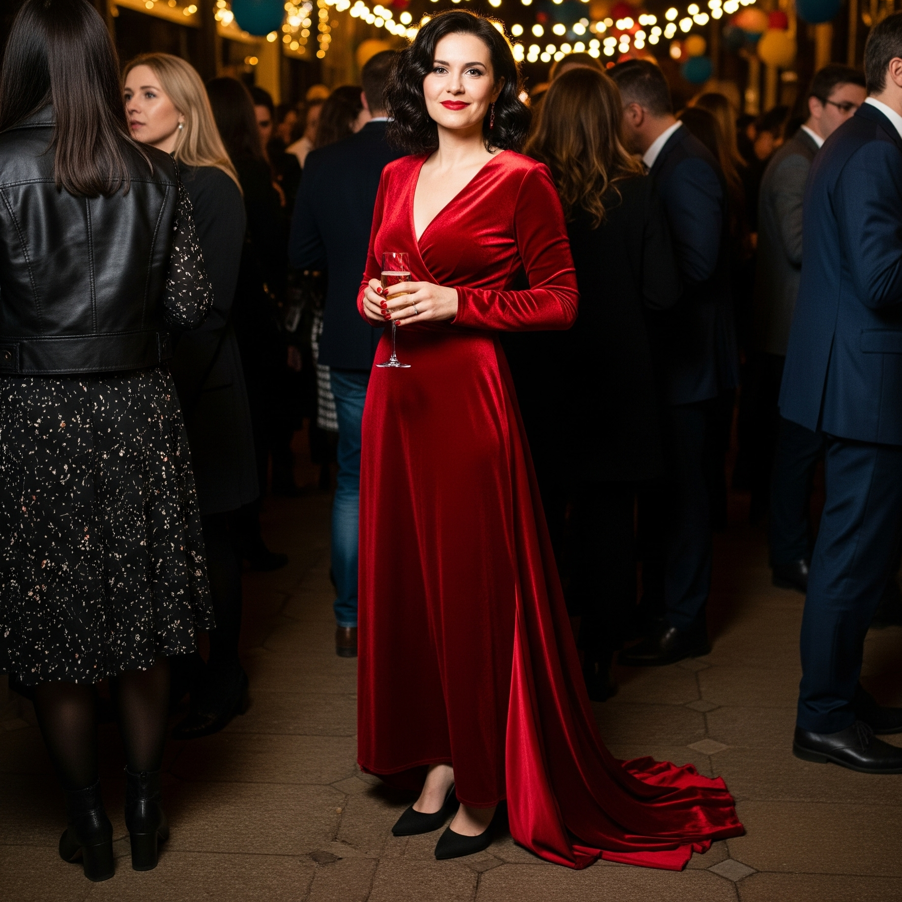 Una donna con un abito lungo di velluto rosso e décolleté nere a punta posa a un party serale, un look audace per un evento invernale.

