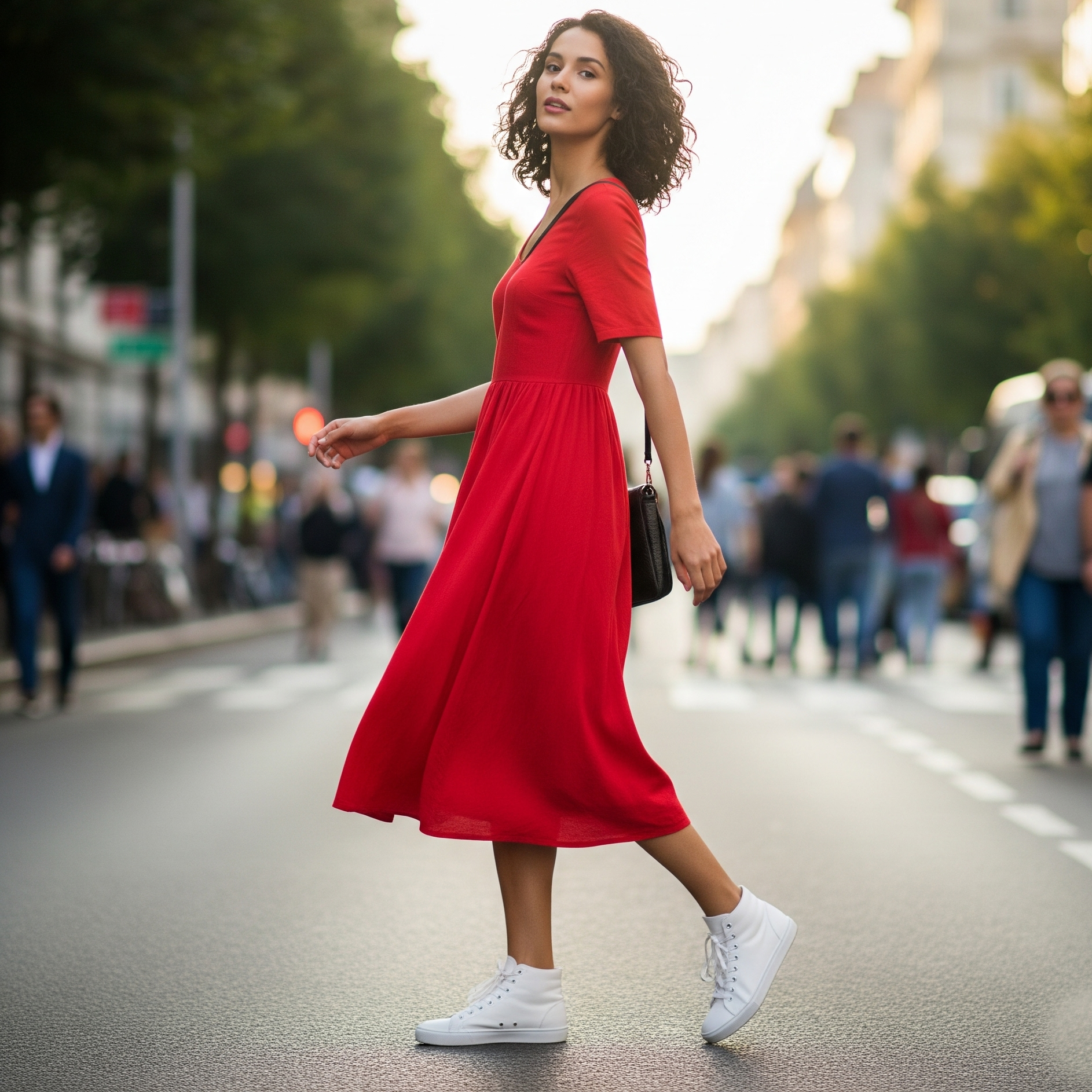 Donna che cammina per strada indossando un outfit casual con vestito rosso midi e sneakers bianche.

