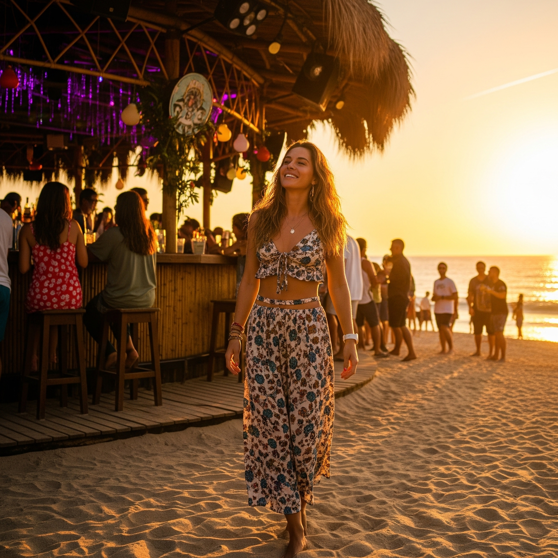 Donna sorridente che indossa un set coordinato da spiaggia, con top e gonna lunga a fantasia floreale, mentre cammina sulla sabbia a una festa al tramonto.

