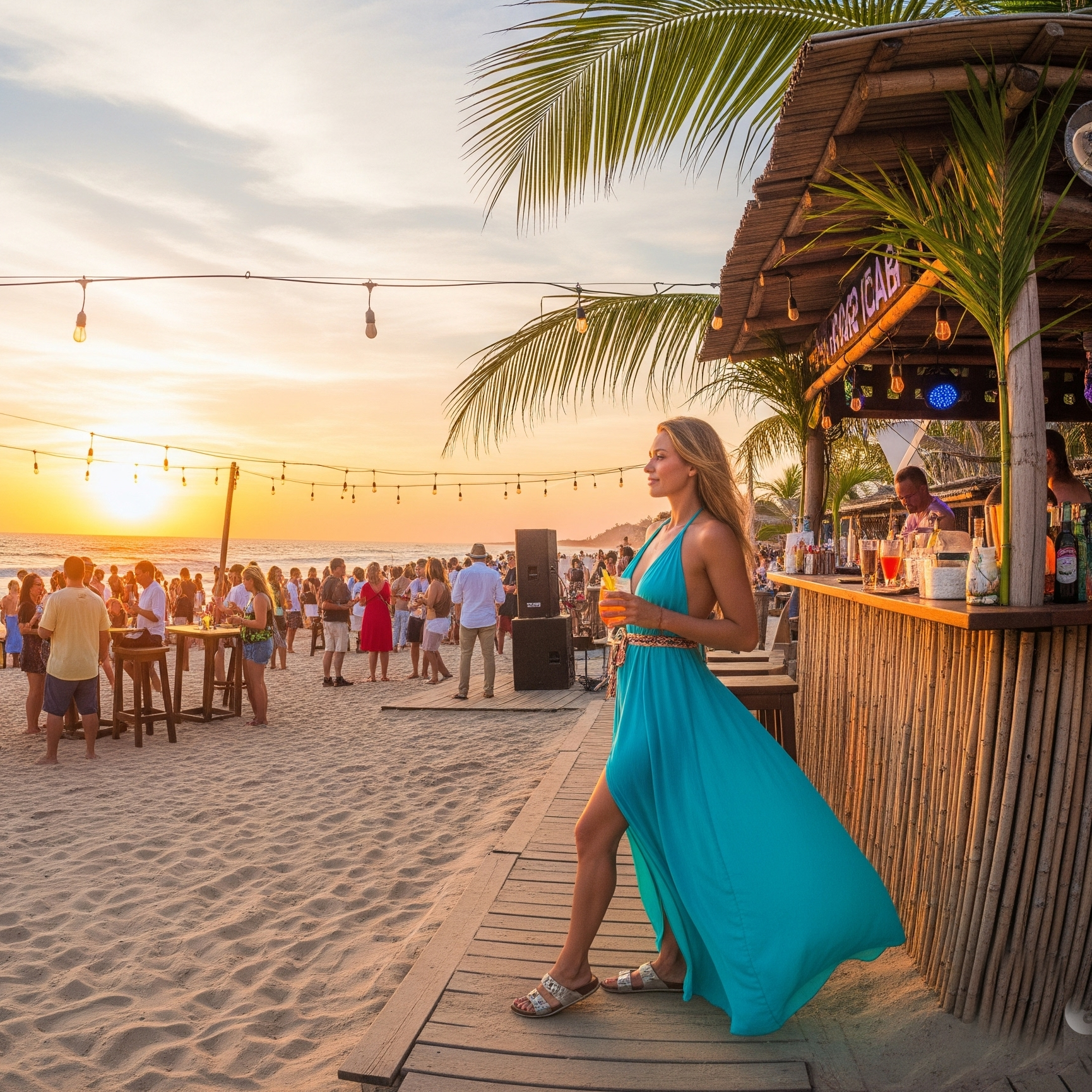 Donna bionda con un lungo abito da spiaggia turchese in posa su una pedana di legno a una festa in spiaggia affollata al tramonto.

