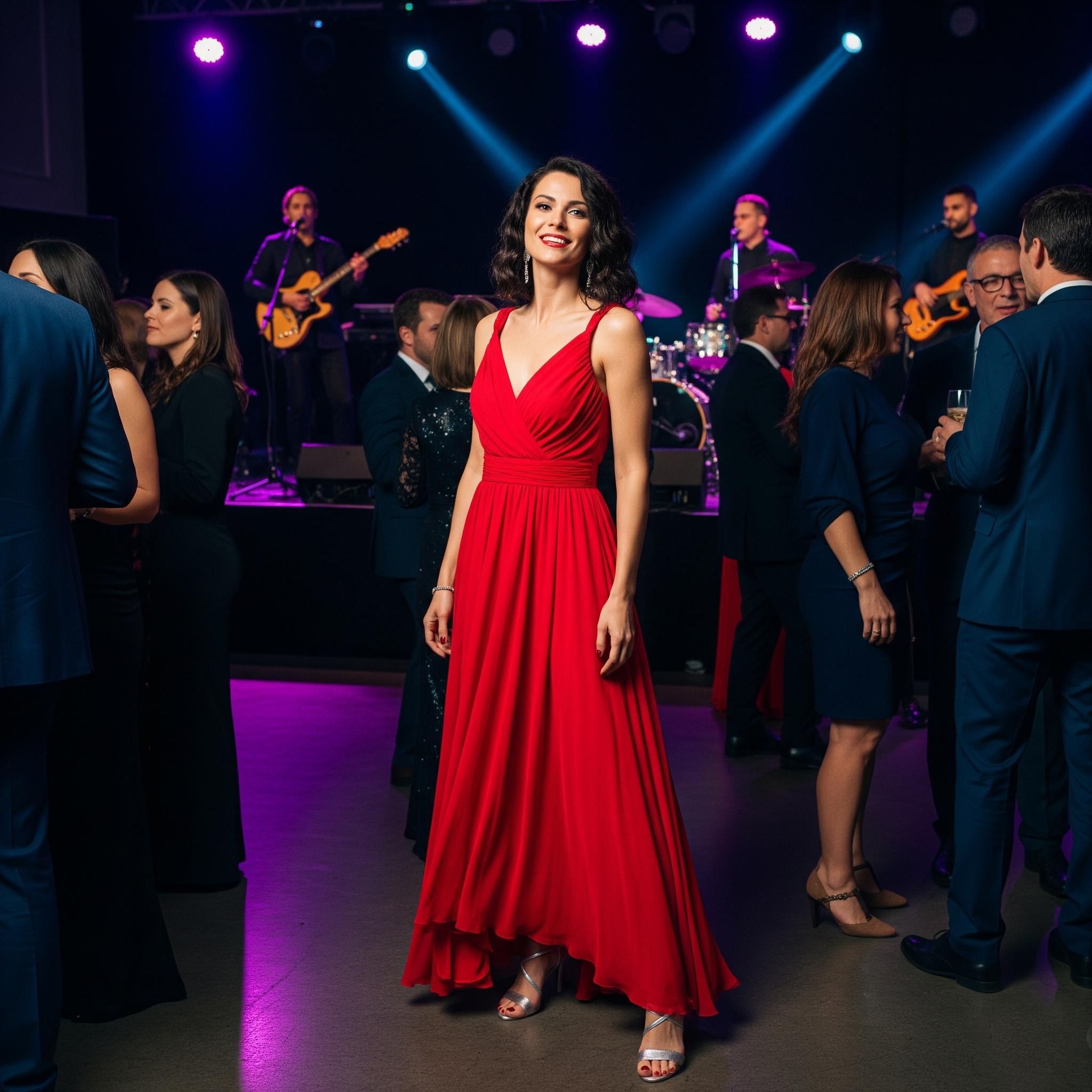Donna sorridente con un vestito rosso lungo ed elegante e sandali argento a un evento serale con musica dal vivo.

