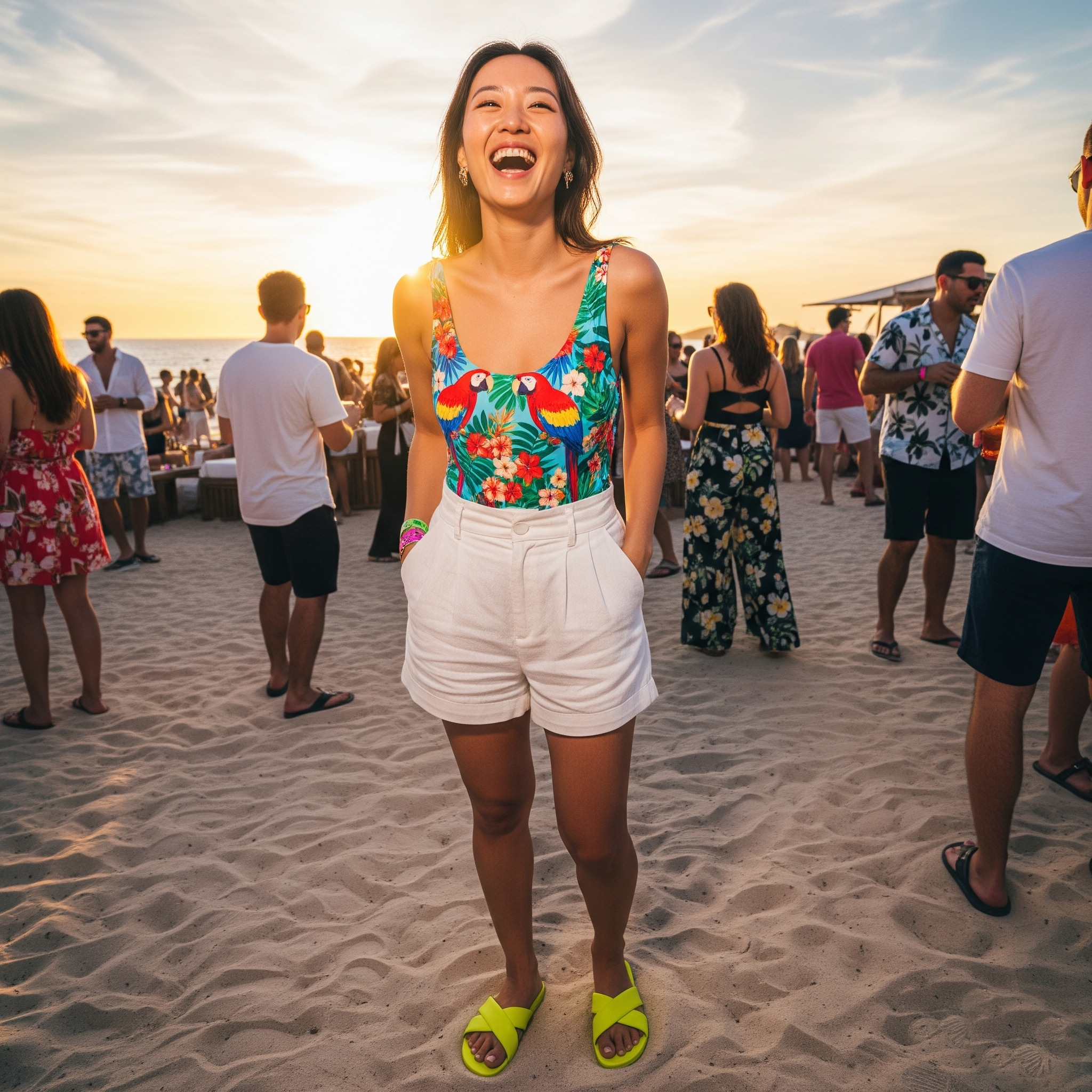 Donna asiatica che ride a una festa in spiaggia al tramonto, indossando un costume intero con stampa a pappagalli, shorts bianchi a vita alta e sandali bassi fluo.

