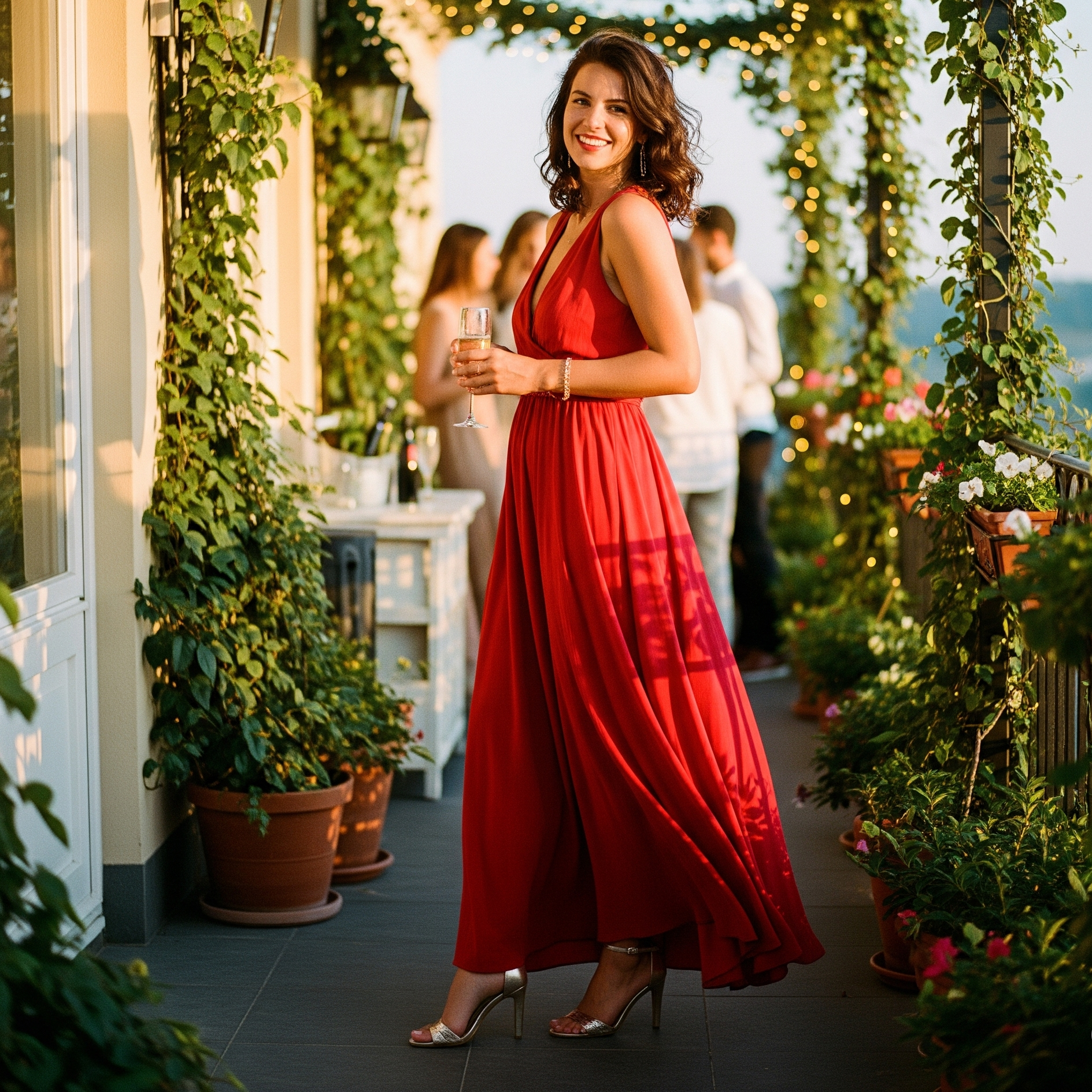Una donna sorridente indossa un elegante vestito rosso lungo con sandali gioiello dorati e tacco alto, un perfetto look da sera per un party estivo in terrazza.

