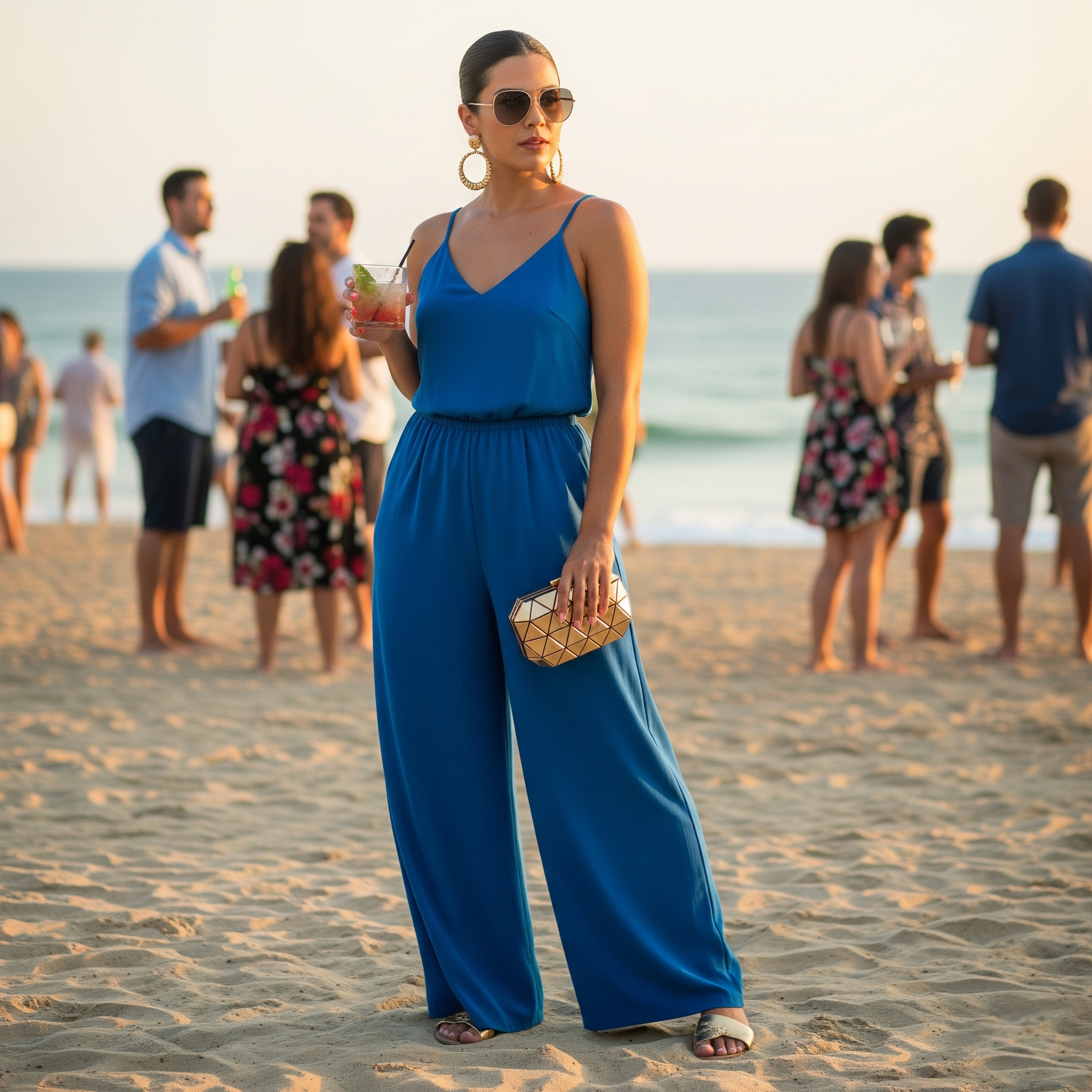 Donna con occhiali da sole indossa una jumpsuit blu elettrico con gamba a palazzo, sandali e pochette dorati, mentre tiene un cocktail a una festa in spiaggia.

