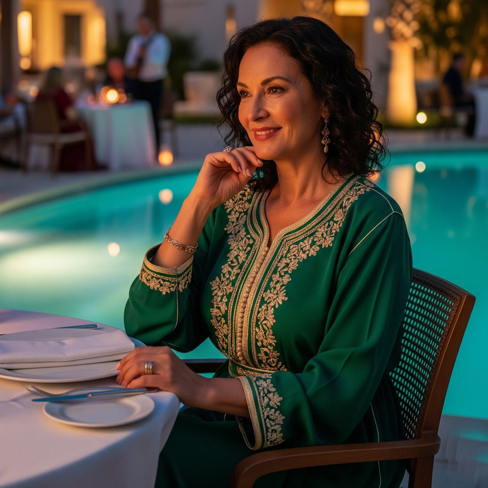 Una donna sorridente con capelli scuri indossa un elegante caftano verde smeraldo con ricami dorati, seduta a un tavolo apparecchiato per una cena di lusso a bordo piscina di sera.
