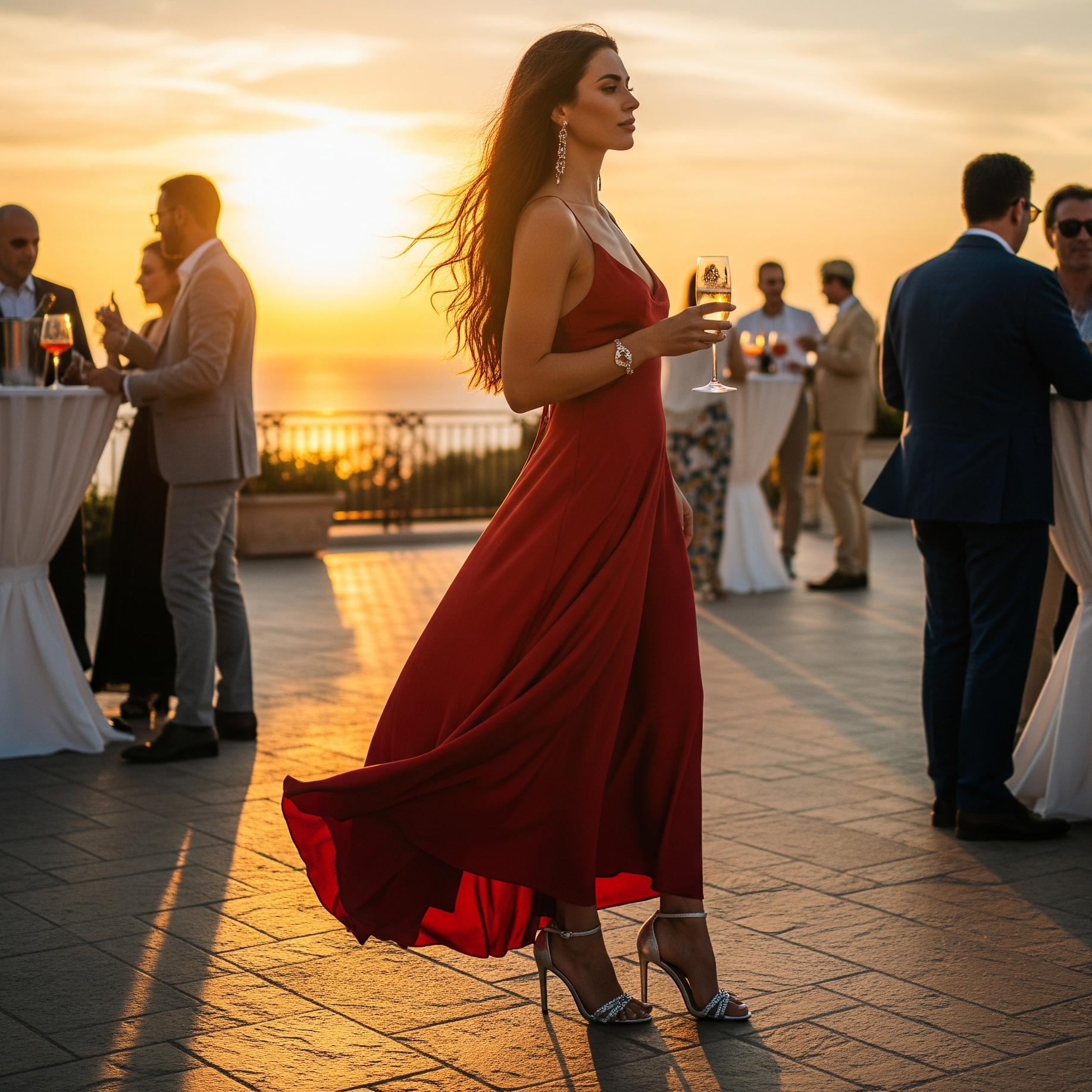 Una donna indossa un vestito rosso lungo e sandali con tacco alto argento, un look elegante per un aperitivo al tramonto con vista mare.

